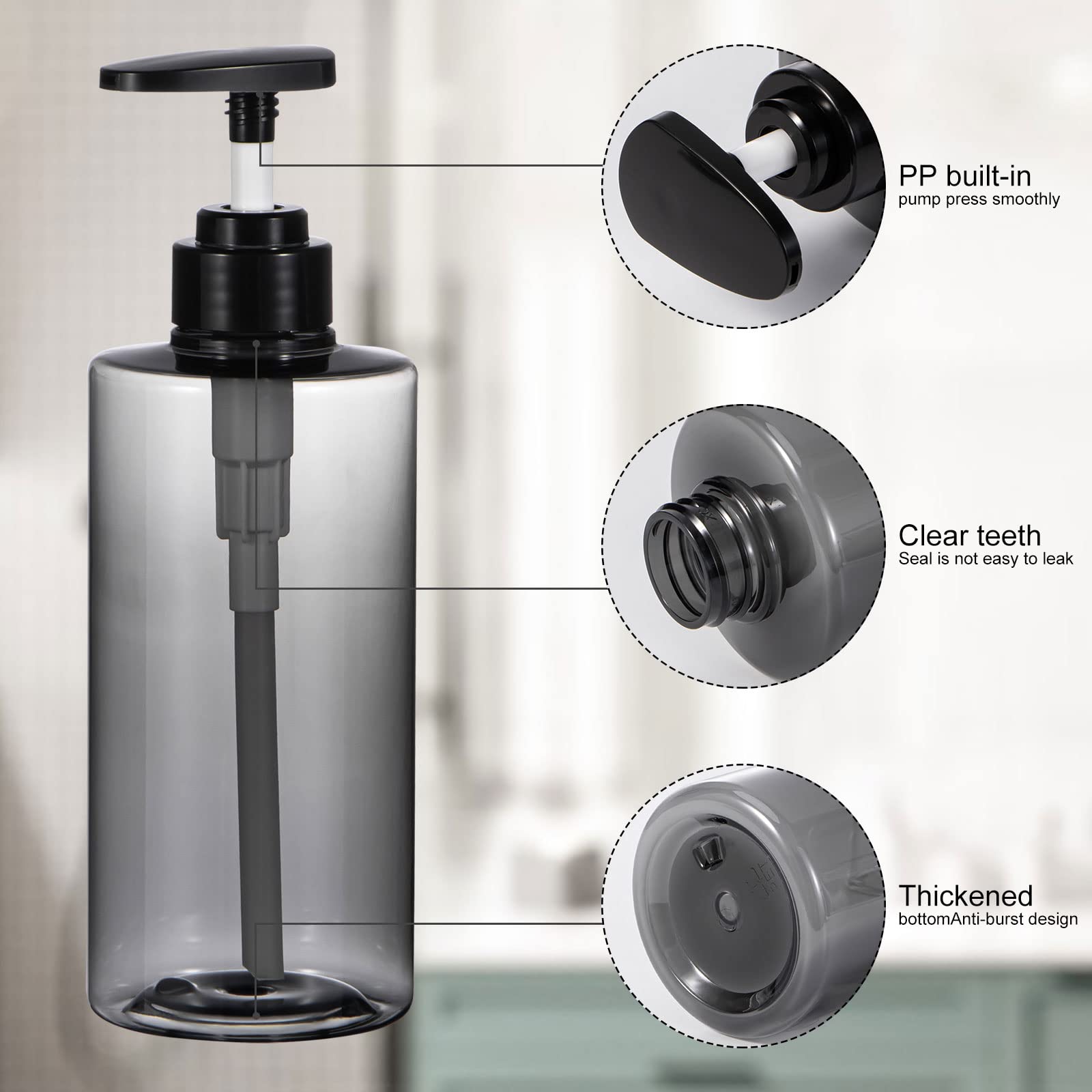 Yebeauty 2 Pack 17oz/500ml Refillable Pump Shampoo Bottles - Clear Grey Squeeze Lotion Dispenser for Shampoo, Conditioner & Body Wash | Perfect for Bathroom, Shower & Travel Use