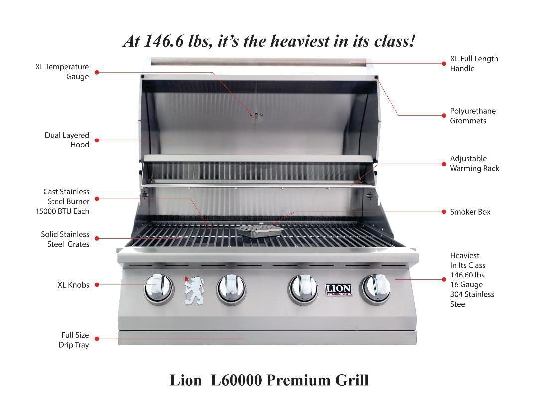 Lion 32 Inch 4-Burner Natural Gas Grill - L60000 Model for Outdoor BBQ, Backyard Cooking & Patio Parties