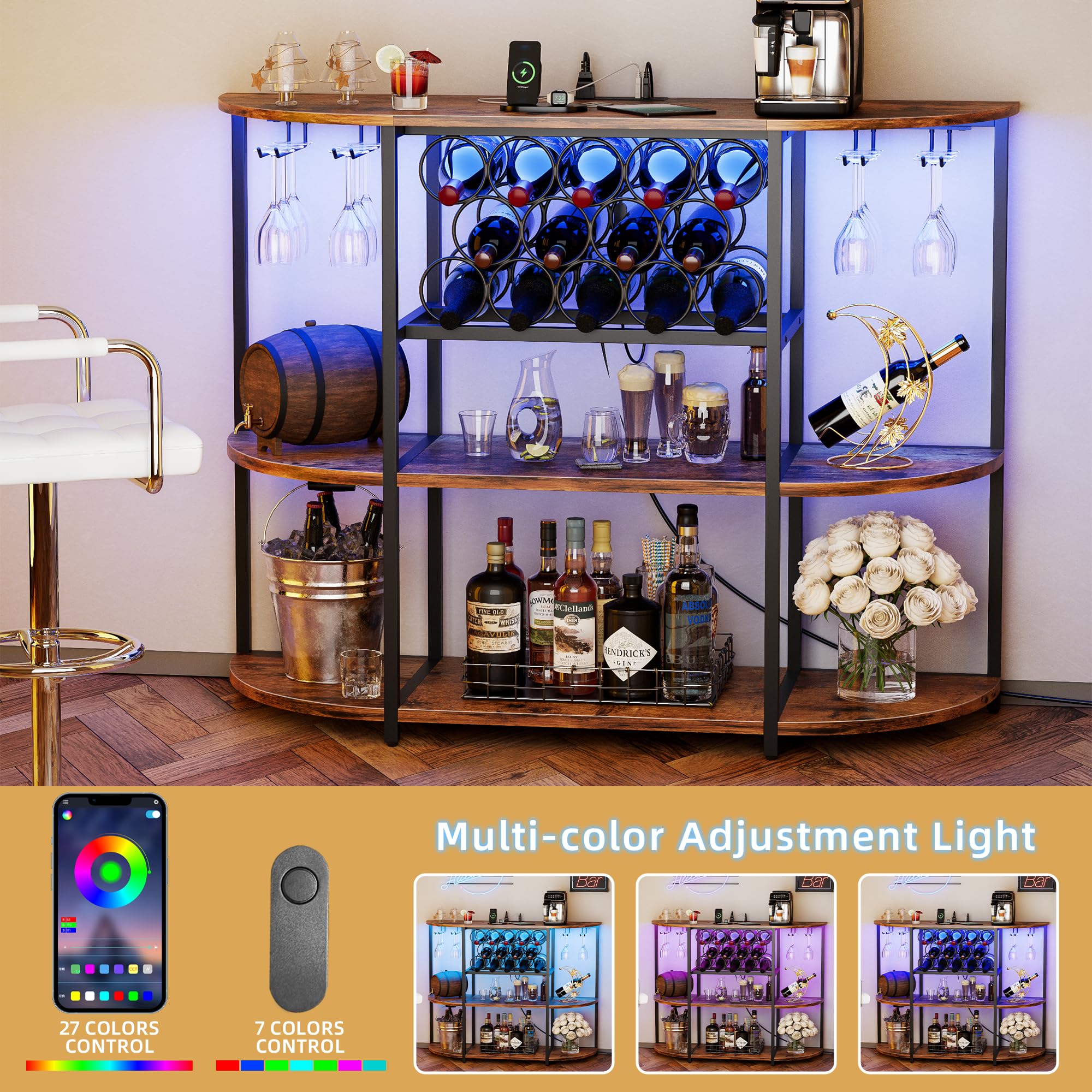 VICTONE Freestanding Wine Bar Cabinet with LED Lights & Power Outlets - Modern Liquor Storage with Glass Holder & Wine Rack - Perfect for Home, Kitchen, Dining Room - Ideal for Entertaining Guests & Displaying Your Wine Collection
