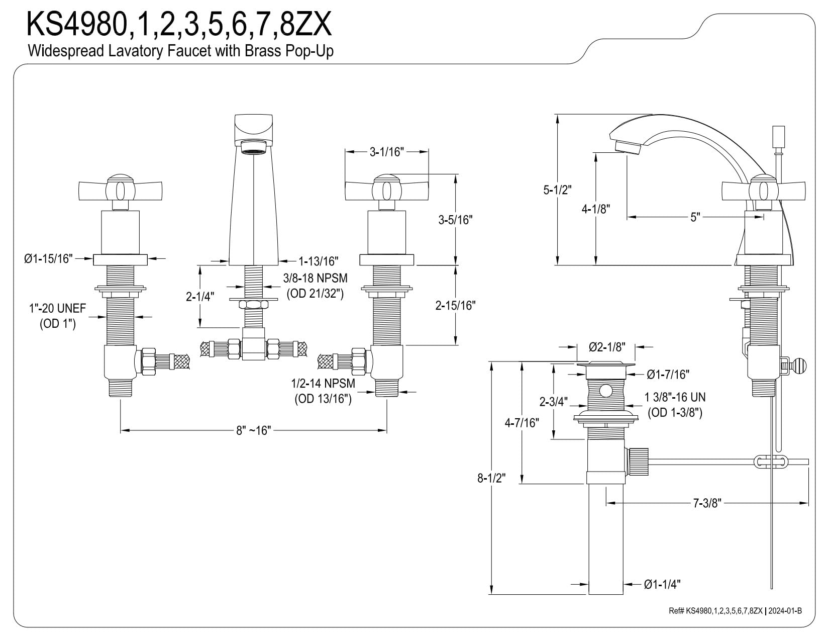 KINGSTON BRASS KS4985ZX Millennium 8 to 16-Inch Widespread Bathroom Faucet with Brass Pop-Up Drain, Oil Rubbed Bronze Finish - Perfect for Modern Vanities and Powder Rooms