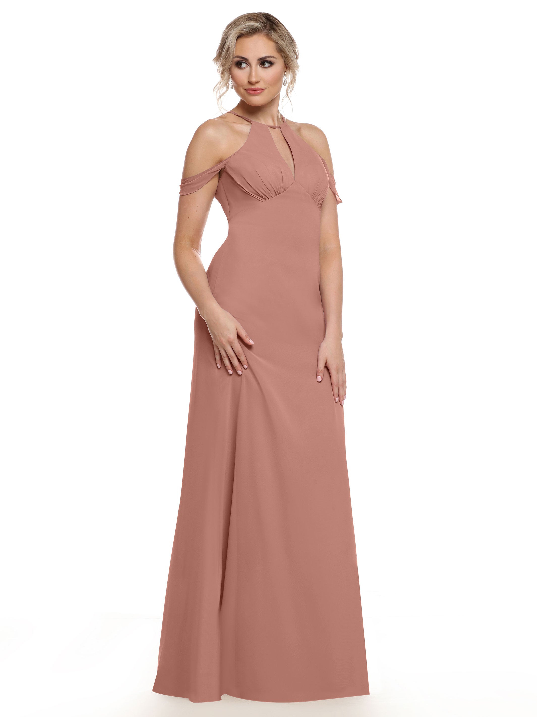 Elegant Off-The-Shoulder Chiffon Bridesmaid Dress with Halter Neckline - Perfect for Weddings, Prom & Formal Events | Style 80148