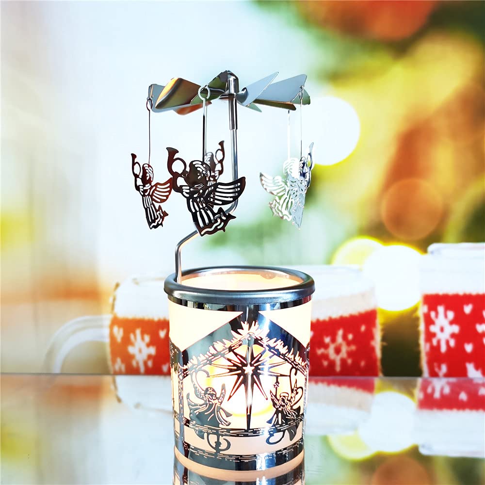 Rotating Carousel Candle Holder - Metal Spinning Tea Light Candle Stand for Home Decor, Wedding, Party & Romantic Dinner (Silver Angel Design)