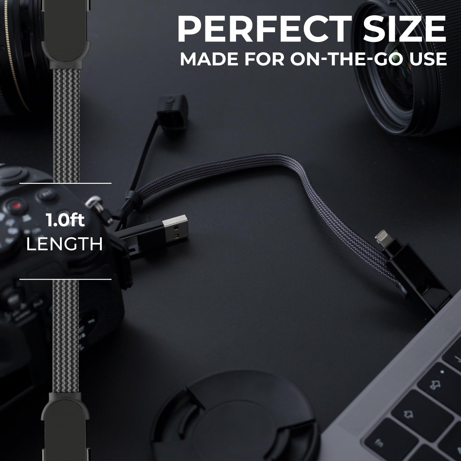 Rolling Square inCharge XL 6-in-1 Multi Charging Cable - 100W Ultra-Fast USB & USB-C Cable (1ft/0.3m, Urban Black) - Perfect for Travel, Office & Home Charging