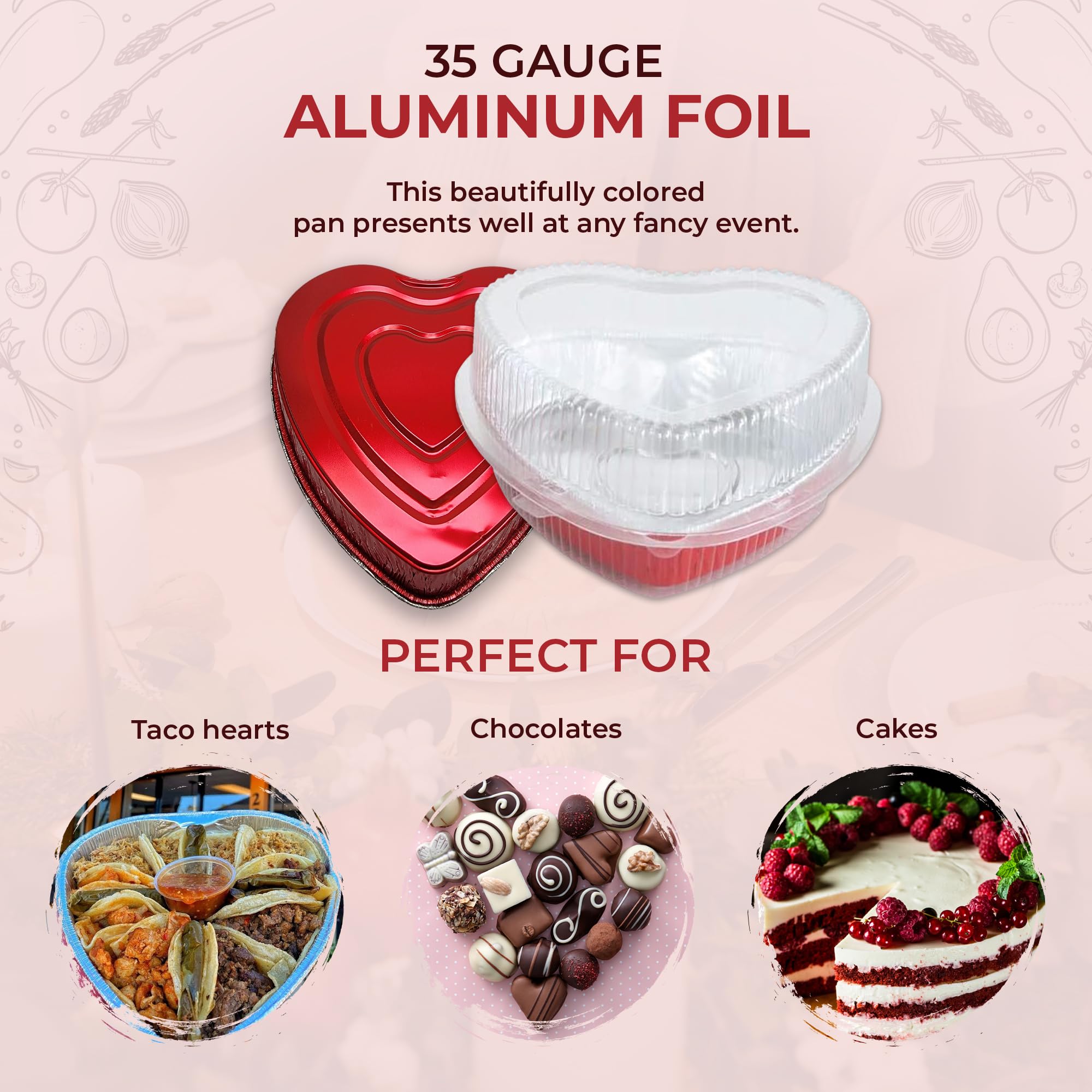 KitchenDance 8 Inch Disposable Heart Shaped Aluminum Cake Pans with Clamshell Lid - Perfect for Baking Cakes, Chocolates & Desserts - Valentine's Day, Birthday Party & Wedding Treats - Ideal for Storage & Transport (Pack of 12)
