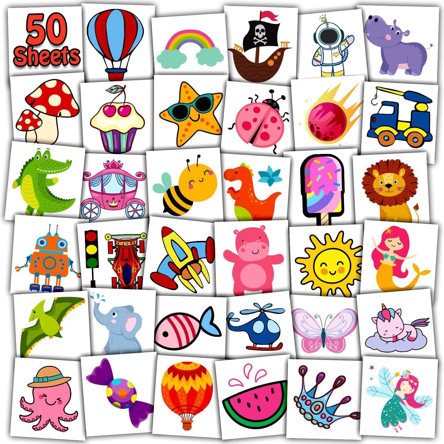 50 Sheets Kids Temporary Tattoos - Dinosaur, Mermaid, Pirate, Animal & Butterfly Designs | Fun Party Favors for Birthday Goodie Bags, Halloween Costumes & Summer Camp Activities