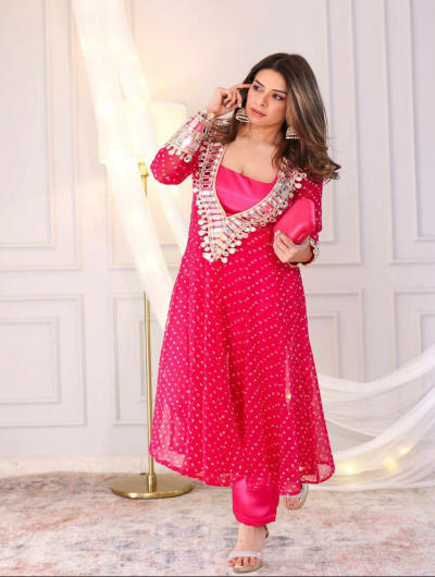 Stylish Bandhani Print Chiffon Silk Kurti Pant Set for Women | Traditional Indian Ethnic Wear | Perfect for Festivals, Weddings & Parties