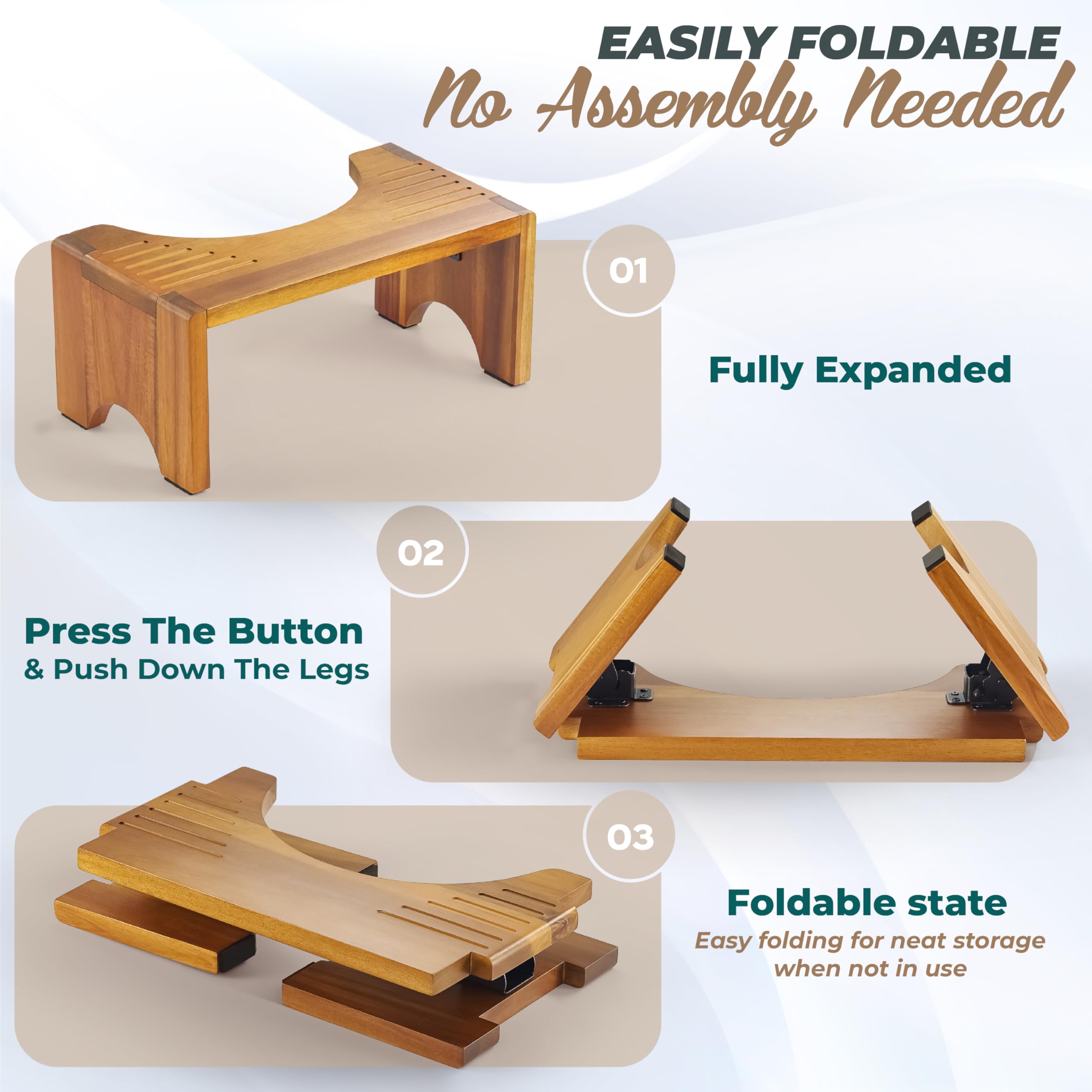 LotusSway Foldable Toilet Stool - 7 Inch Acacia Wood Bathroom Stool for Adults & Seniors | Non-Slip Grooved Design | Potty Training Aid | Improves Posture for Comfortable Bowel Movement | Perfect for Home, Travel & Elderly Care