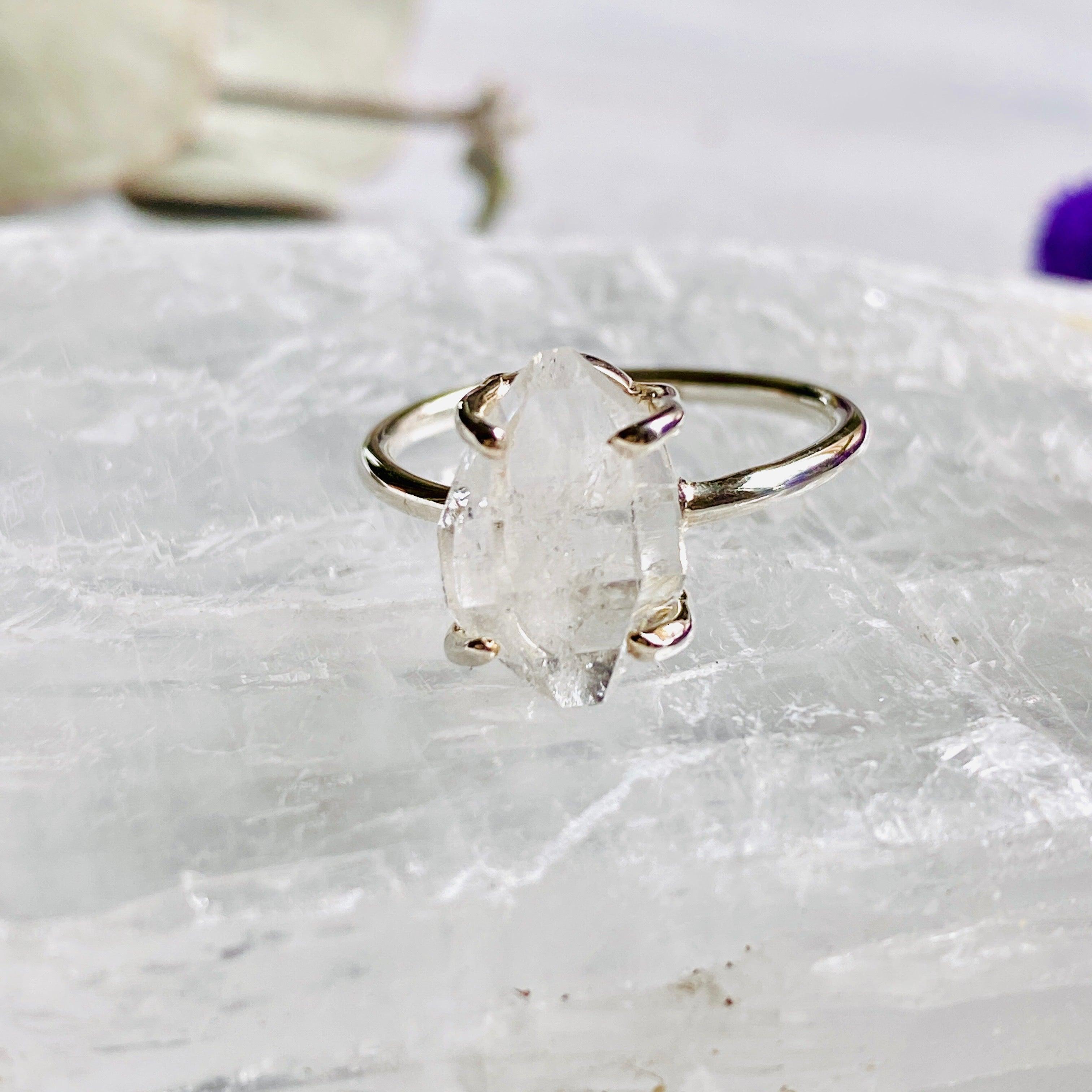 Natural Herkimer Diamond Quartz Raw Fine Band Ring for Women - PRGJ331 - Perfect for Boho, Hippie & Spiritual Jewelry Lovers