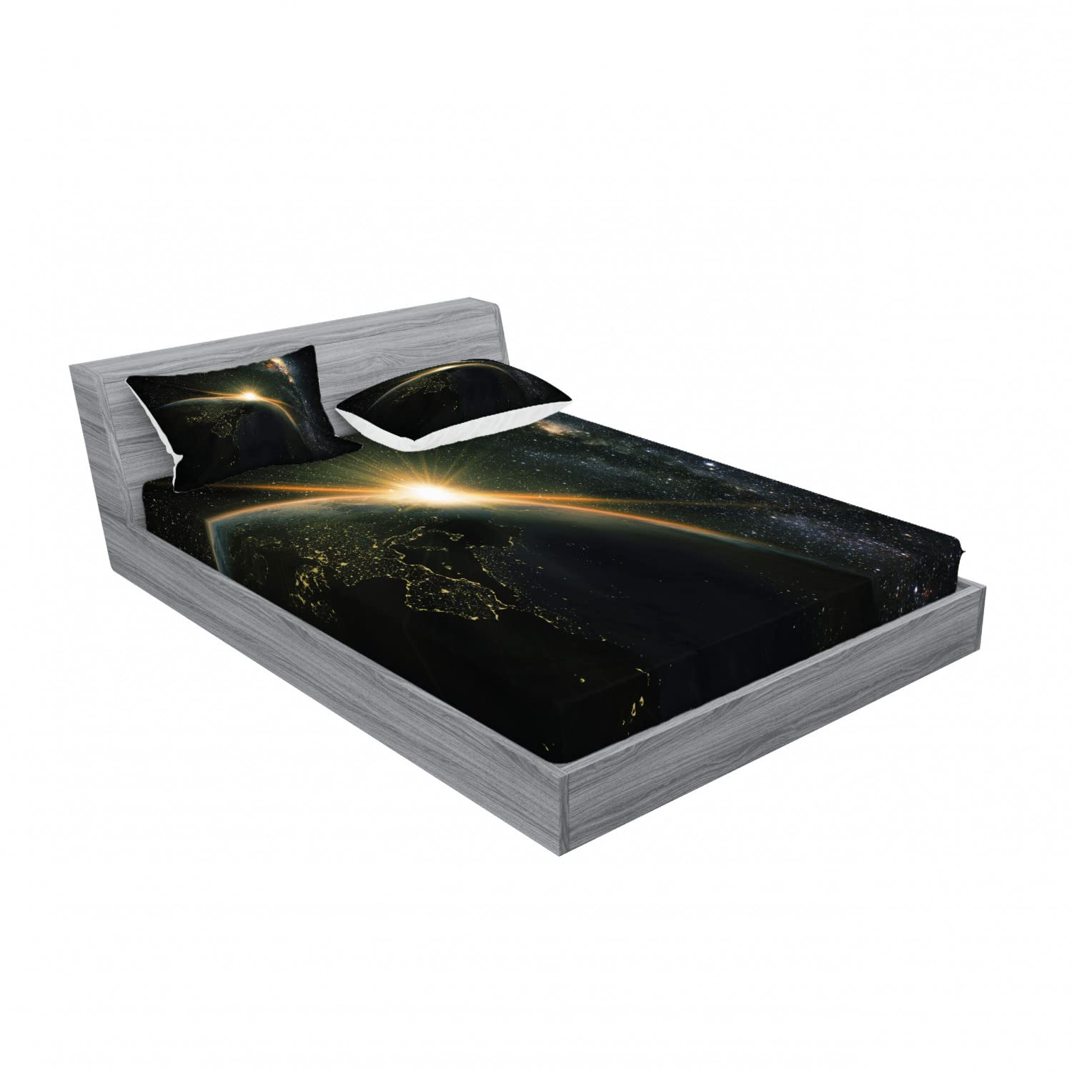 Ambesonne Galaxy 2-Pack King Size Fitted Sheet Set with 4 Pillow Shams - Space Themed Bedding with Sun Rising Over Earth Design - Black Luxury Bed Sheets for Adults & Teens - Perfect for Astronomy Lovers' Bedroom Decor