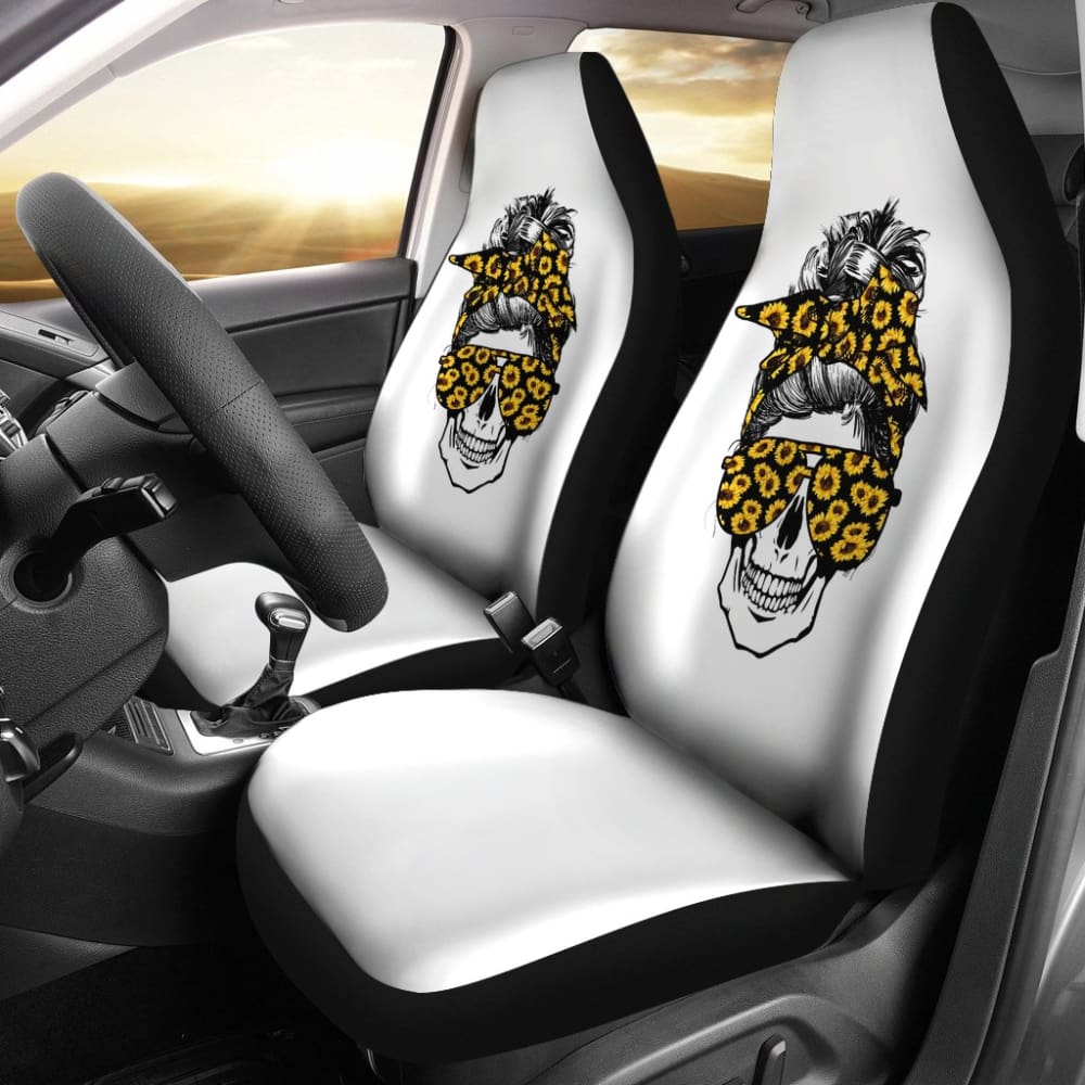 Stylish Skull with Glasses & Bandana Sunflower Car Seat Covers - Perfect for Gothic, Biker & Unique Car Interior Decor (212101)