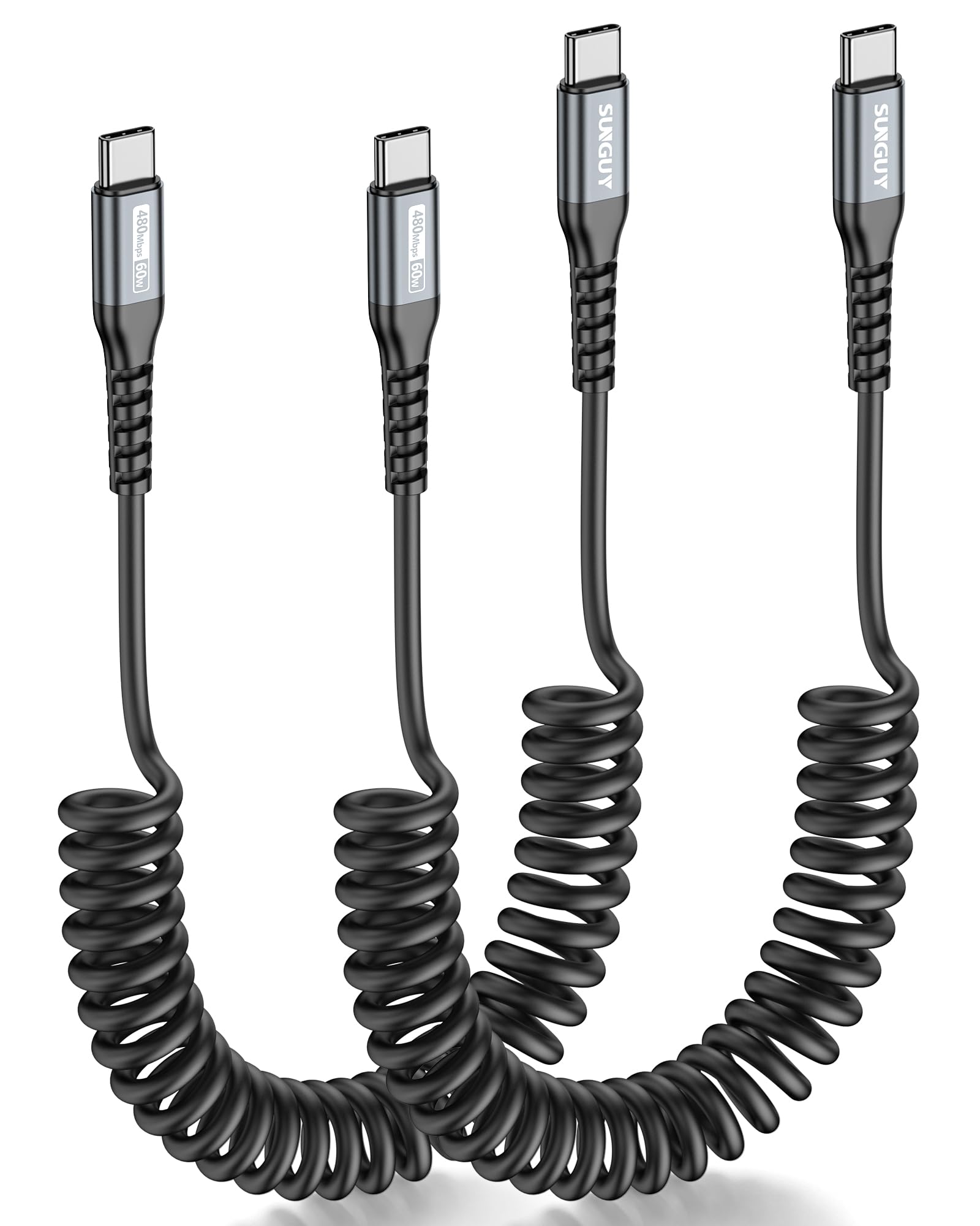 SUNGUY Coiled USB C to USB C Cable 3FT (2-Pack) - Fast Charging USB-C Cable for Android Auto & CarPlay - Compatible with iPhone 16/15 Pro/Pro Max/Plus, Galaxy S24/S23/S22 - Perfect for Car, Home & Office Charging (Grey)