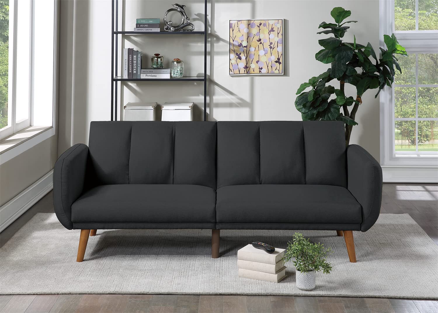 Modern Convertible Futon Sofa Bed - Adjustable Split-Back Sleeper Couch with Upholstered Seat, Wooden Legs & Armrests | Perfect for Small Spaces, Living Rooms, Apartments & Guest Rooms (Black)