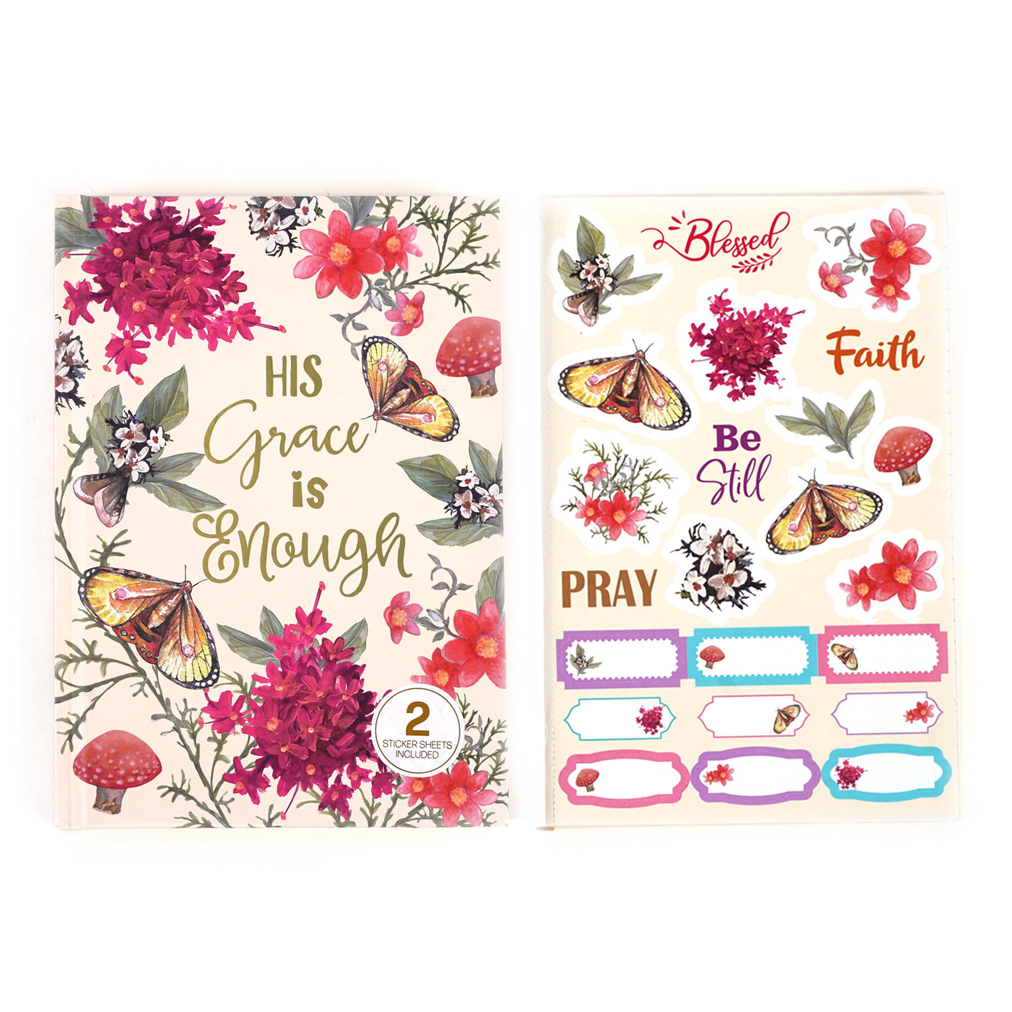 160 Sheet/320 Page Bookbound Journal with Hot Stamp & 2 Sheet Stickers - Religious Garden of Grace Design - 8.5