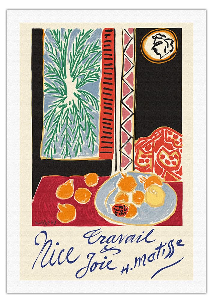 Henri Matisse Vintage Travel Poster - Nice France Work and Joy Still Life Pomegranates Art Print 1948 - 27x40 Inch Rolled Canvas for Home & Office Decor - Perfect for Living Room, Bedroom or Gallery Wall