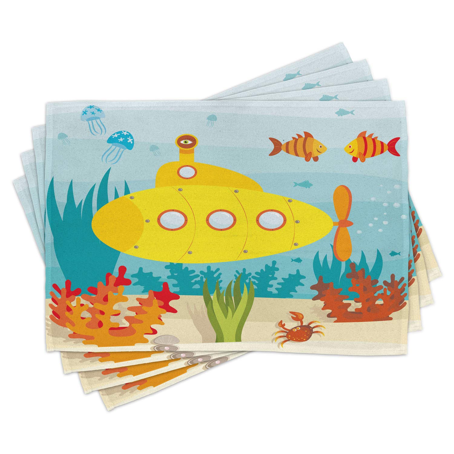 Ambesonne Yellow Submarine Place Mats Set of 4 - Waterproof Washable Fabric Dining Mats with Sea Life Theme (Submarine, Fish & Crab Illustration) for Kitchen Table Decor in Yellow & Pale Blue - Perfect for Beach Themed Parties & Nautical Home Decor