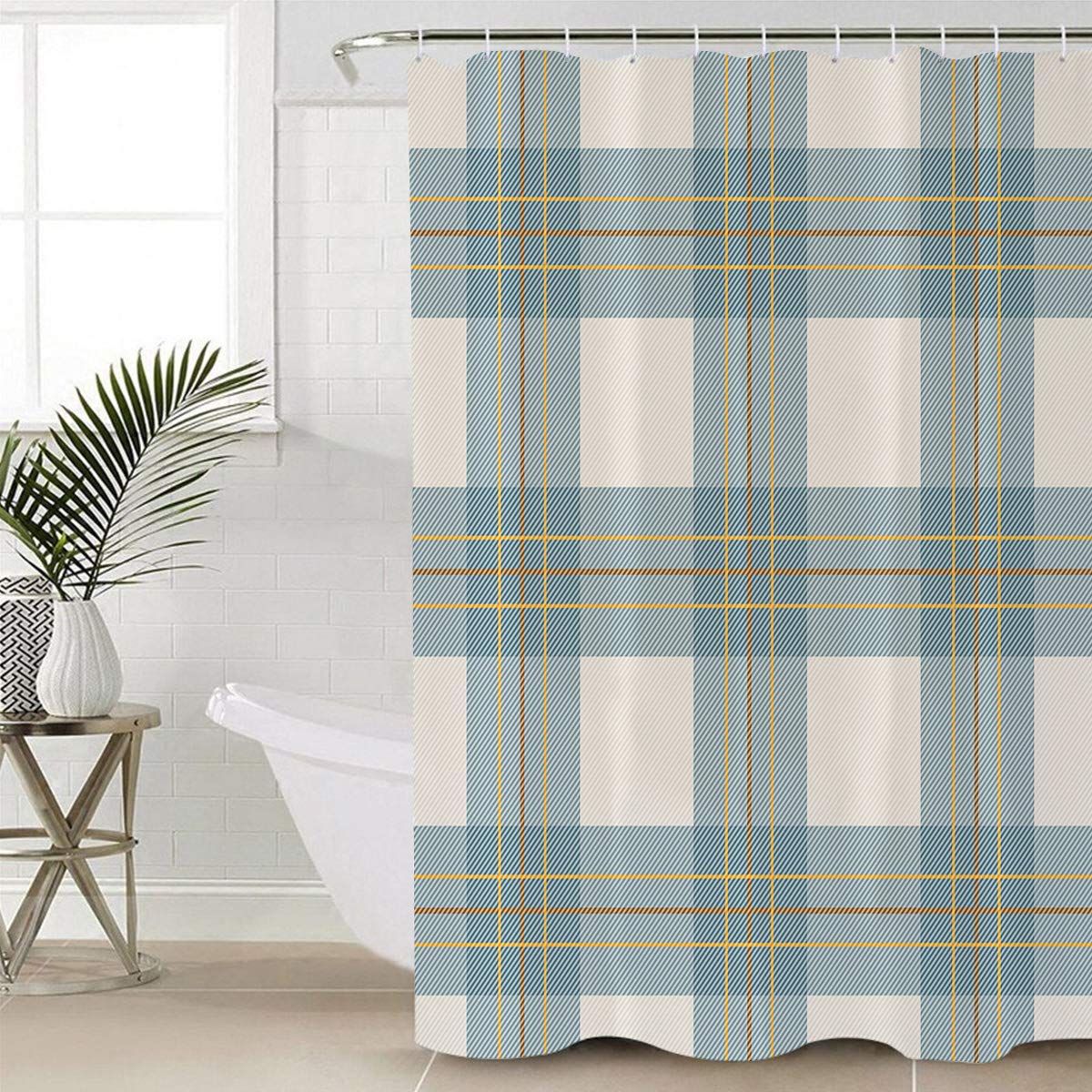 Teamery Waterproof Polyester Shower Curtain Set - 60x72 Inches Light Blue Beige Scottish Plaid Bathroom Curtain with Liner for Shower Stall & Bathtub - Perfect for Modern Bathrooms, Guest Baths & Spa Retreats