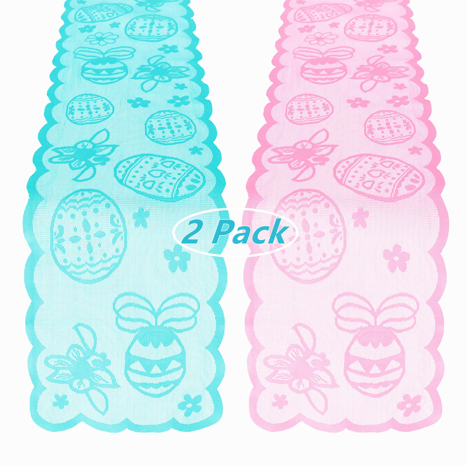 2 Pack Easter Table Runner 13x72 Inch - Blue Pink Happy Easter Eggs Lace Embroidered Tablecloth for Easter Dinner, Spring Party, Wedding Shower Decorations | Perfect for Holiday Dining Table, Buffet Decor, and Seasonal Home Decor
