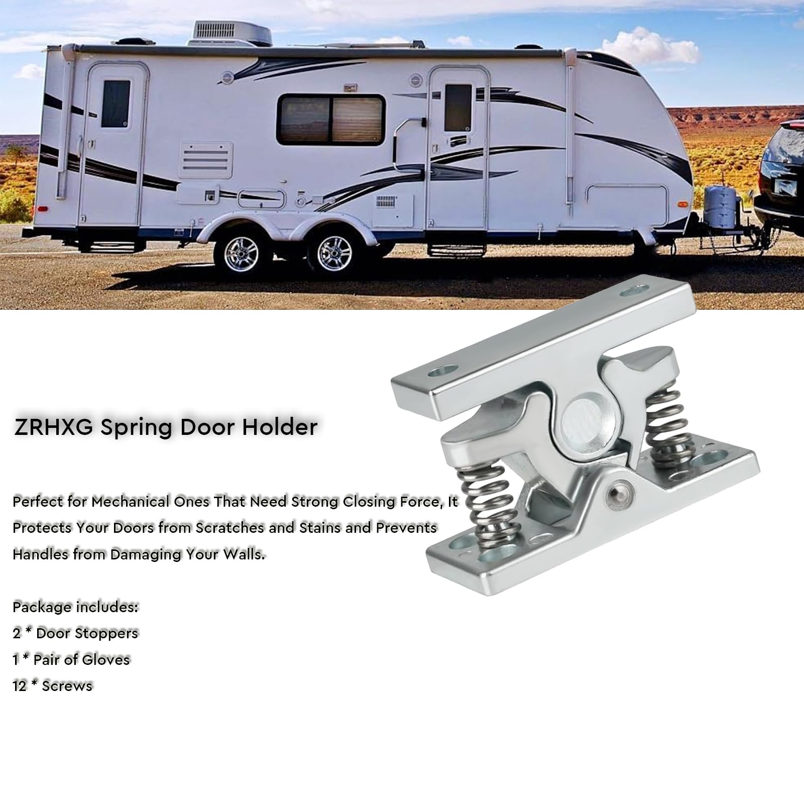 2 Pcs RV Door Catch Trailer Door Latch - Spring Loaded Easy Lock Stop with Double Roller Buckle, Heavy Duty Zinc Alloy for RV, Trailer, Boat, Garage, Garden, Bedroom & Living Room Doors - Secure & Smooth Operation for Home & Outdoor Use