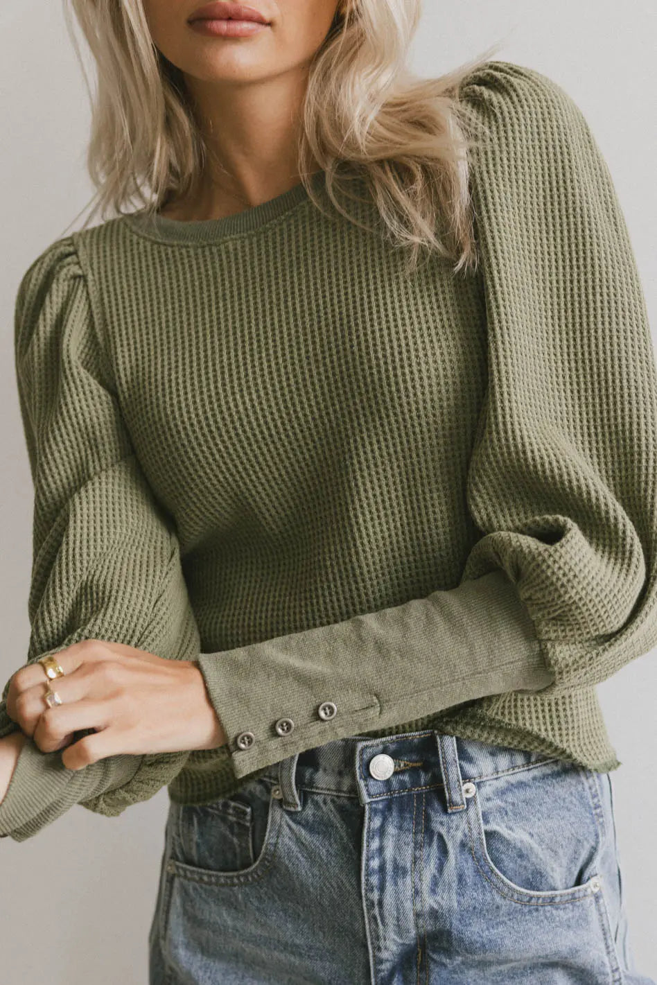 Lettie Waffle Knit Top Women's Olive Green Long Sleeve Shirt - Cozy Casual Loungewear for Fall & Winter | Final Sale