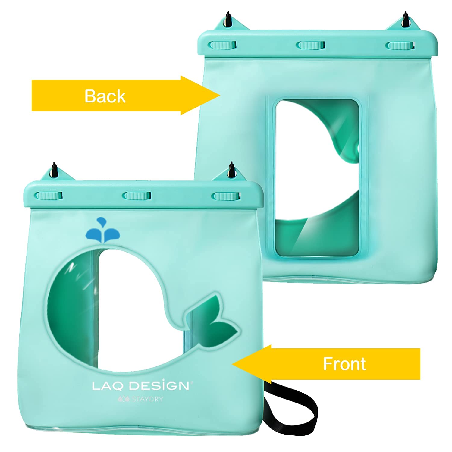 LAQ DESiGN STAYDRY Waterproof Dry Bag - Double Sided Perspective with Adjustable Strap & Touchscreen Compatible Pocket - Perfect for Beach, Kayaking, Hiking and Water Sports (Whale Design)