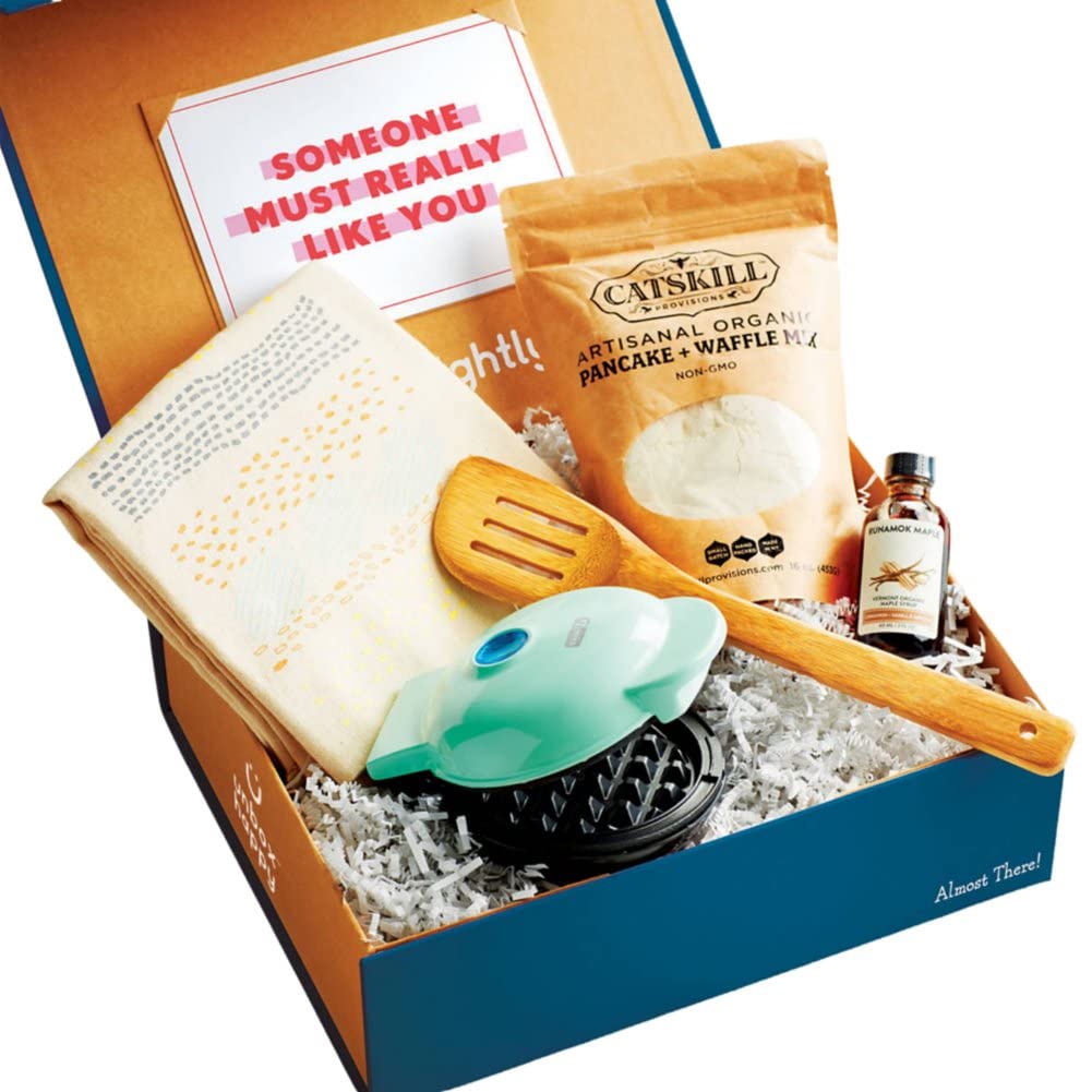 Delightly - Premium Morning Gift Box Set with Bamboo Spatula, Mini Waffle Maker, Tea Towel, Organic Waffle Mix & Maple Syrup - Perfect Thank You Gift for Housewarming, Birthday, Anniversary - Ideal for Breakfast in Bed & Brunch Parties