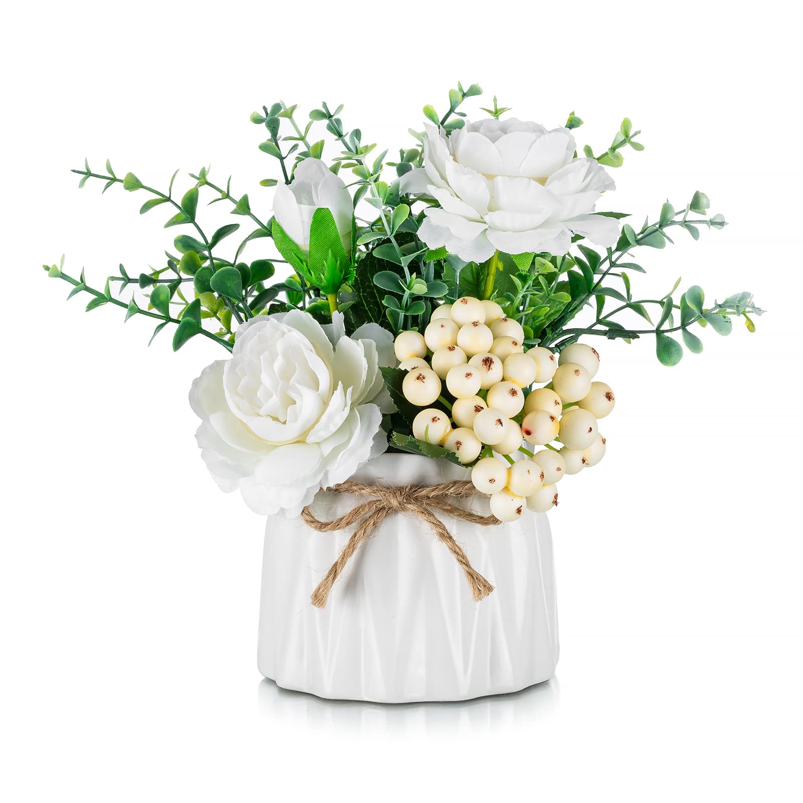 Blosmon Small Fake White Flowers in Vase - Elegant Table Decor for Dining Room & Kitchen Centerpieces