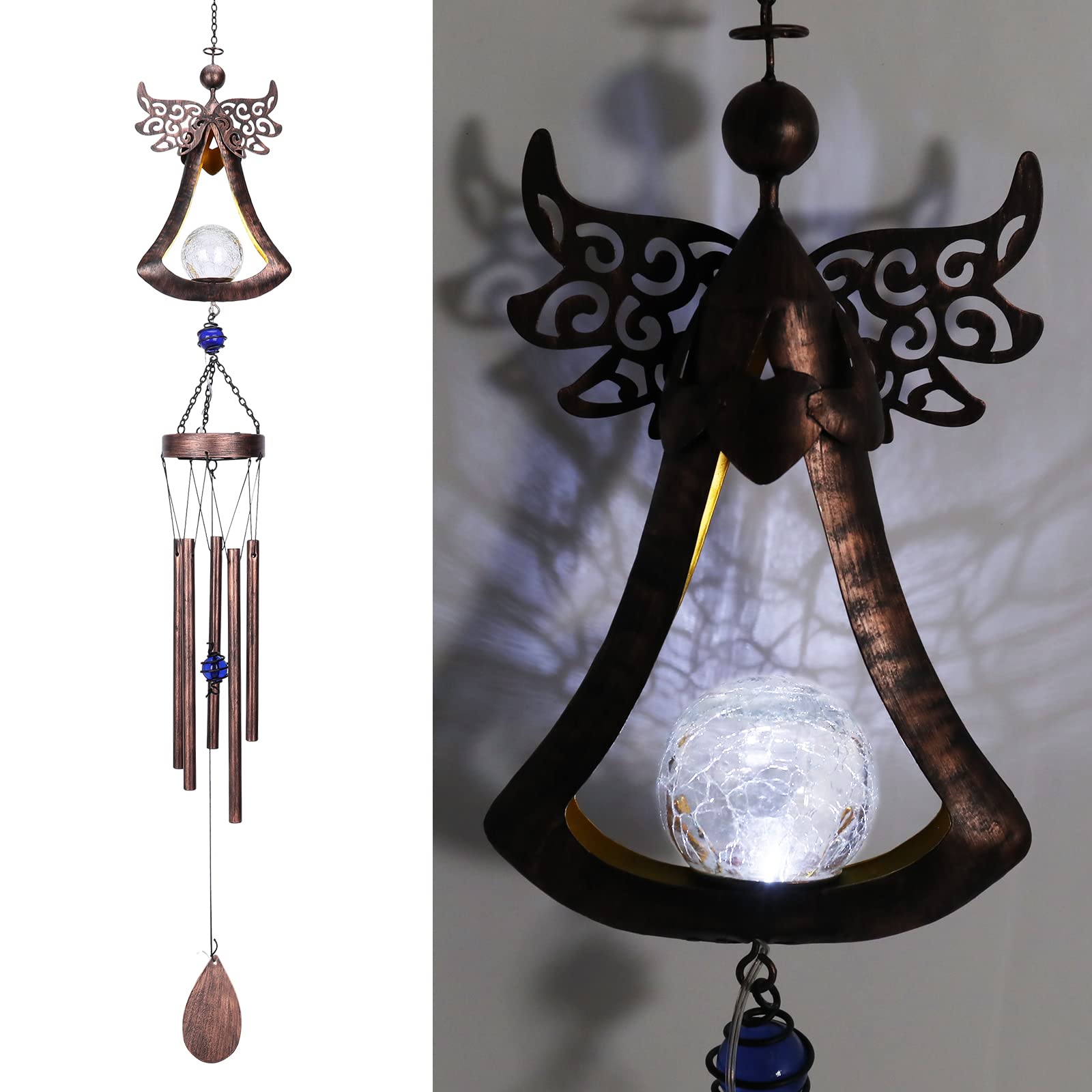 Taman Wind Chime with Solar Lights - Crackle Glass Ball LED Angel Wind Chimes for Outdoor & Indoor Decor - Aluminum Tube Memorial Gift for Garden, Patio, Yard, Home (Perfect for Relaxing Evenings & Memorial Tributes)