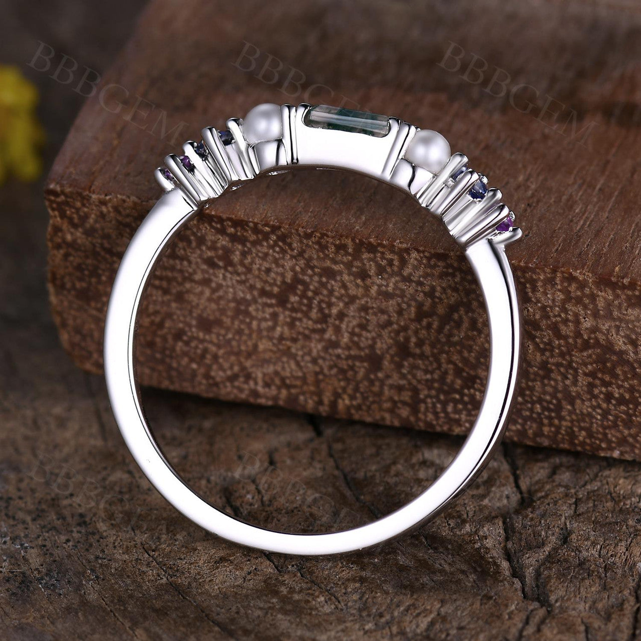 Rainbow Gemstone Family Ring - Green Moss Agate & Pearl Multi-Color Birthstone Band for Women | Perfect for Mother's Day, Anniversary Gifts & Special Occasions