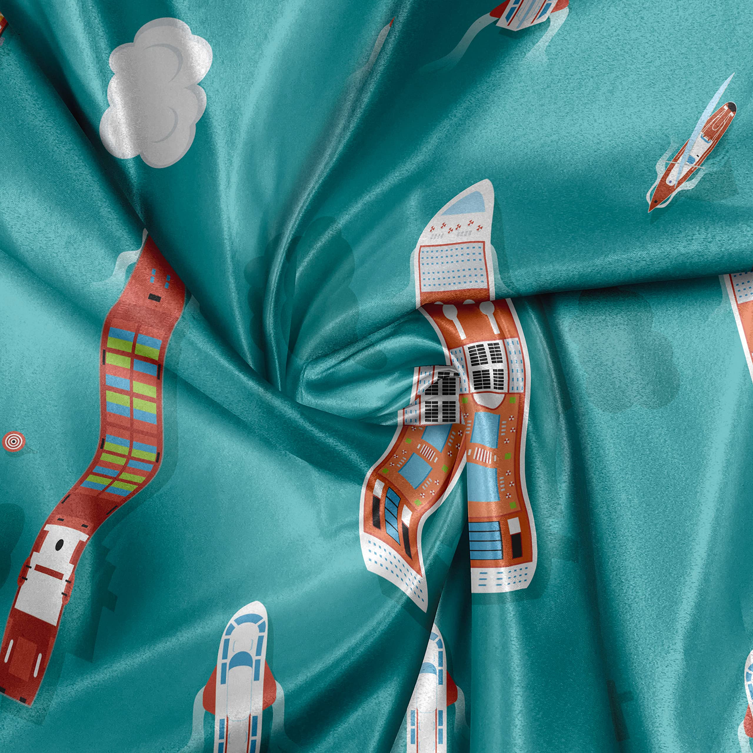 Ambesonne Cruise Ship Fabric by The Yard - Top View Ocean Ships, Yachts & Boat Transport Illustration - Decorative Satin Fabric for Home Textiles & Crafts (10 Yards, Coral Teal) - Perfect for Curtains, Pillows & DIY Projects