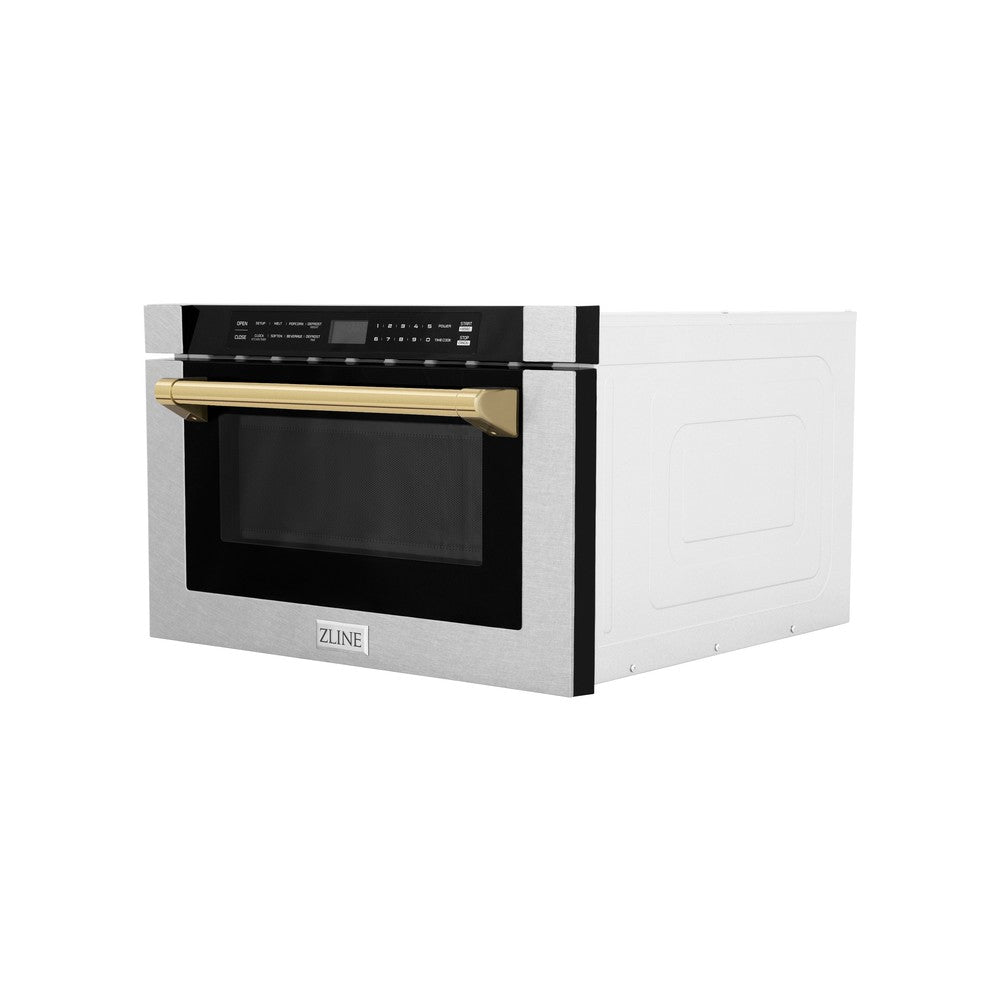 ZLINE Autograph Edition 24-inch Built-in Microwave Drawer - 1.2 cu.ft Capacity, Satin Stainless Steel with Polished Gold Accents, Traditional Handle (MWDZ 1 SS H G) - Perfect for Modern Kitchens, Luxury Homes & High-End Appliances