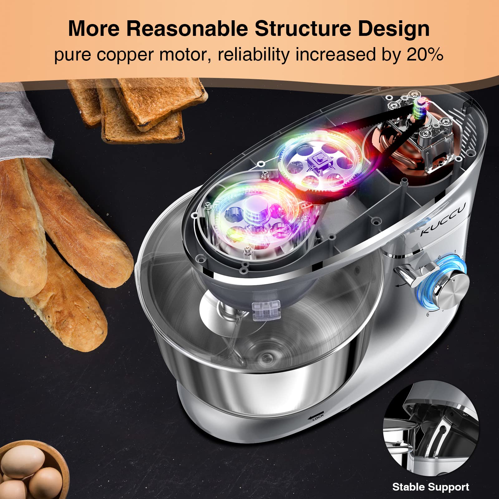 KUCCU 6.5 Qt 660W Stand Mixer - 6-Speed Tilt-Head Electric Kitchen Mixer with Stainless Steel Bowl, Dough Hook, Whisk & Beater - Perfect for Baking Bread, Cakes, Cookies & Whipping Cream (Silver)
