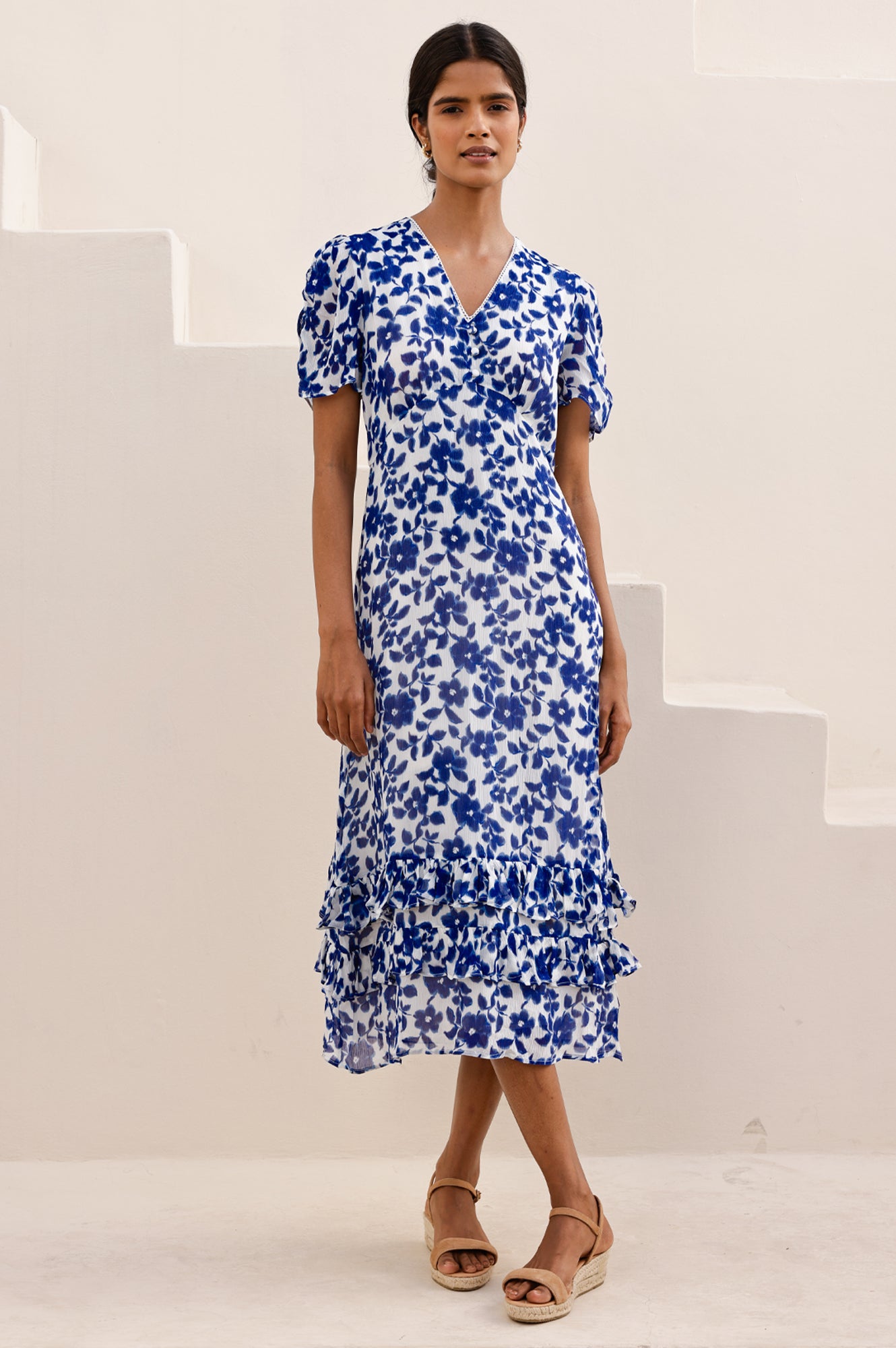 Ellery Floral Print Dress for Women - Blossom Cream & Navy Blue - Perfect for Spring Weddings, Garden Parties & Summer Outings