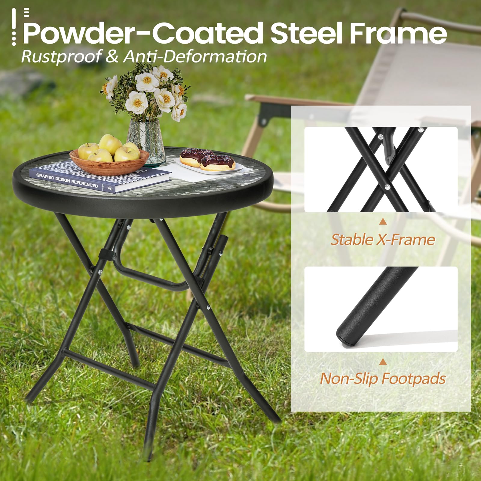 Foldable Side Table Set of 2 with Tempered Glass Top 18