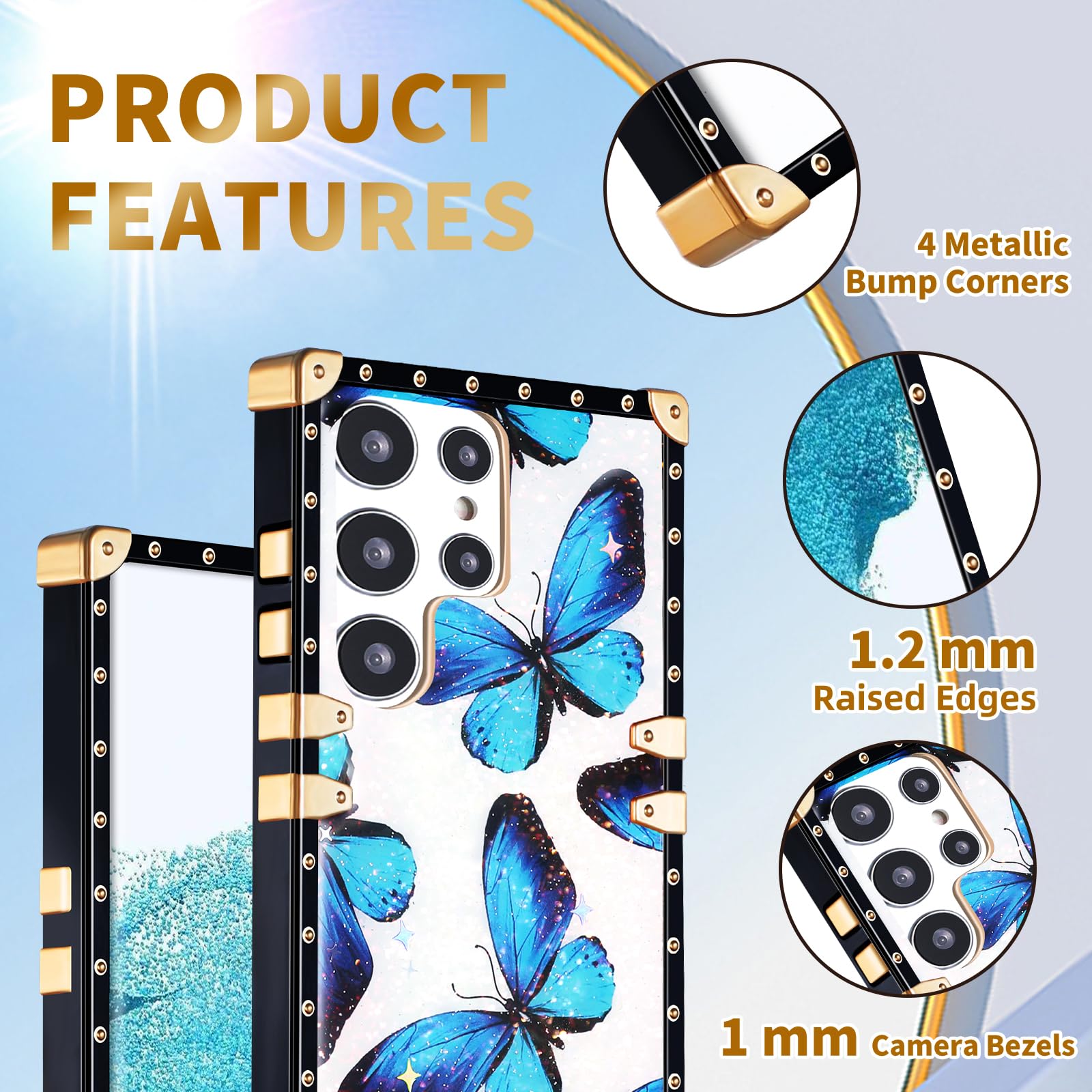 Luxury Butterfly Retro Phone Case for Samsung Galaxy S22 Ultra - Shockproof Protective Cover with Ring Stand & Lanyard, Glamorous Cute Edges Design for Women & Girls | Perfect for Work, Travel & Everyday Use