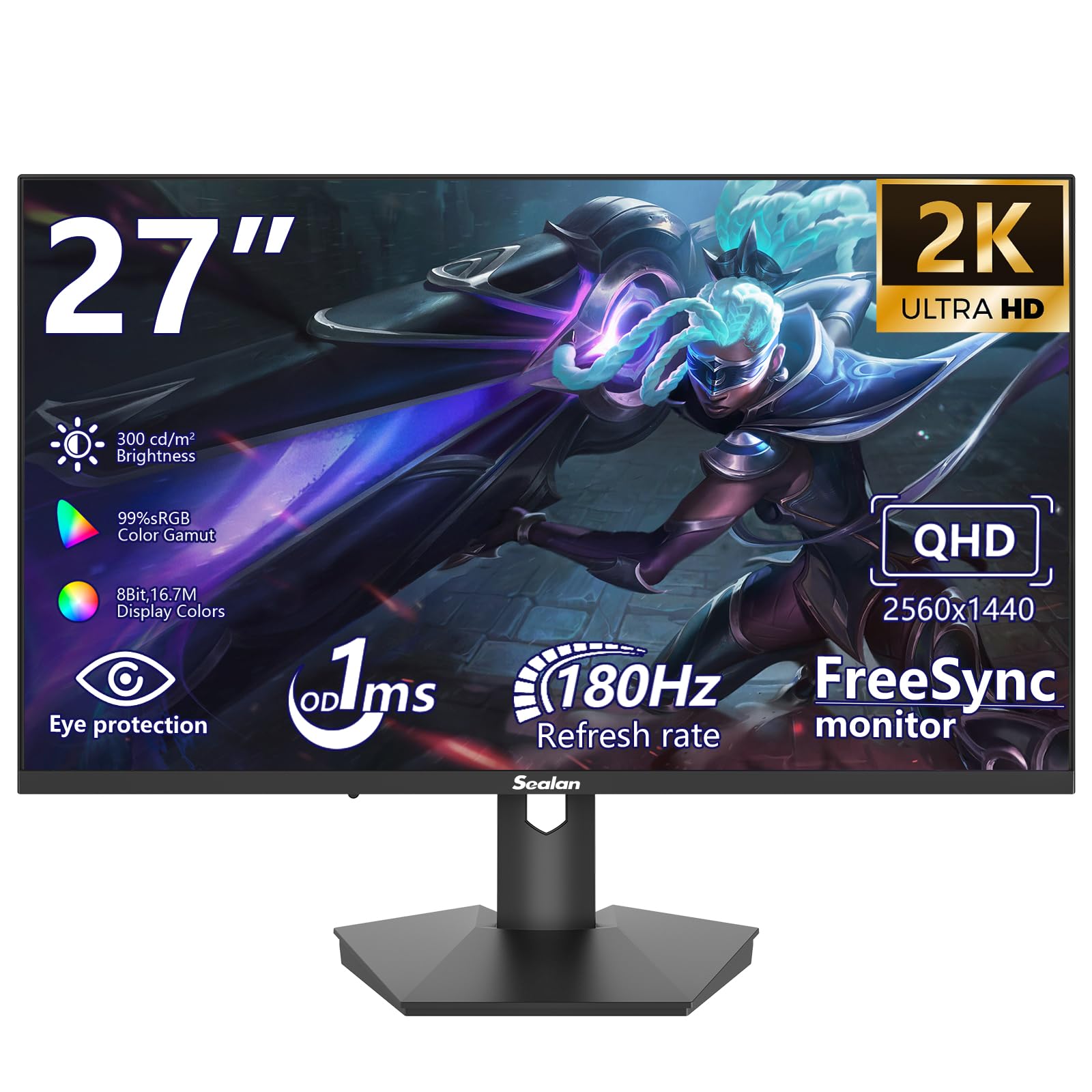27 Inch QHD Gaming Monitor 2560x1440, 180Hz Refresh Rate, 1ms Response Time, Height Adjustable Stand, AMD FreeSync, 99% sRGB Color Gamut, HDR10, 2x HDMI 2.0 & 2x DisplayPort - Perfect for PC Gaming, Esports & Home Office Setup (VESA 75x75mm Wall Mount Compatible)