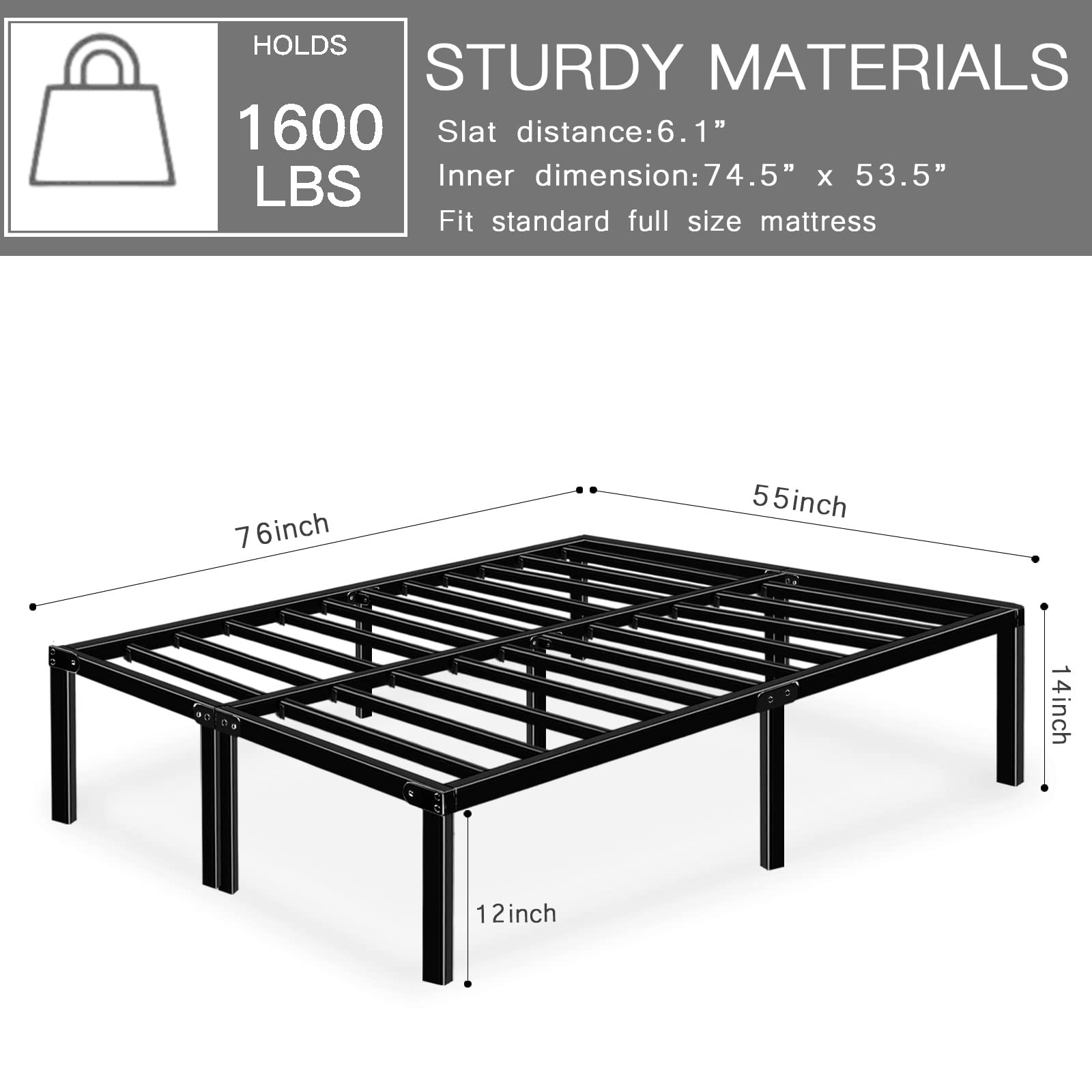 Heavy Duty 14 Inch Full Size Metal Platform Bed Frame with Storage & Steel Slats - Sturdy Support for Mattress, Space-Saving Bedroom Furniture for Small Apartments, Dorms & Guest Rooms