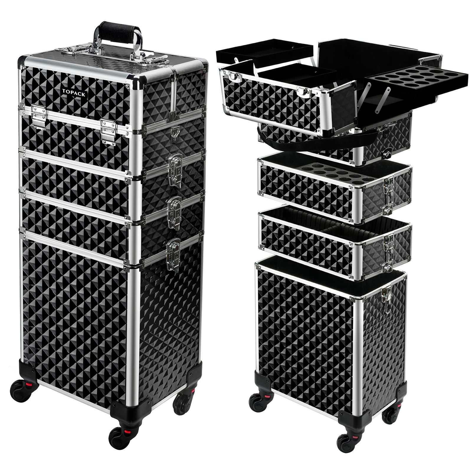 Professional 5-in-1 Rolling Makeup Train Case with Key & Shoulder Strap - Large Cosmetic Organizer for Travel | Portable Cosmetology Case on Wheels with Handle Cushion | Perfect for Makeup Artists, Salon Professionals & Beauty Enthusiasts