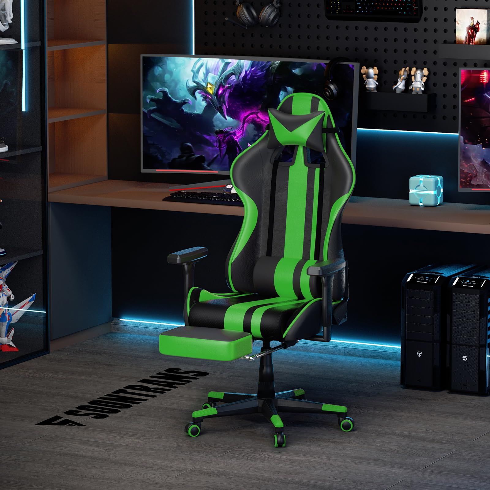 Soontrans Green Ergonomic Gaming Chair with Footrest - PU Leather Office Computer Chair with Adjustable Lumbar Support & Headrest for Adults - Perfect for Home Gaming Setup, Work from Home & Office Workspace