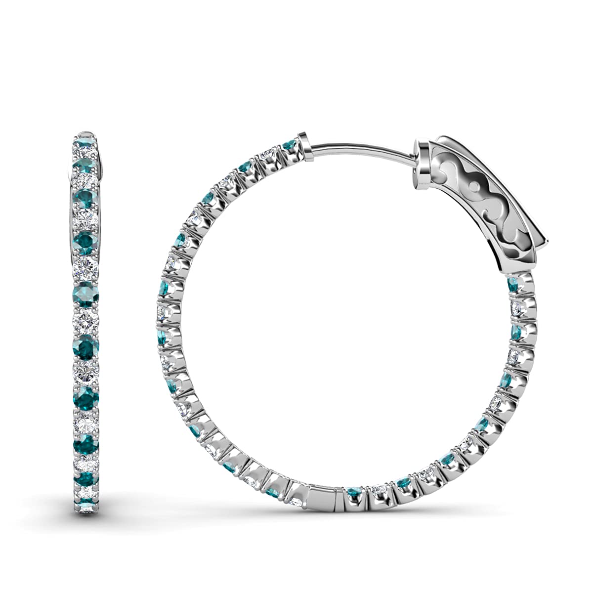 14K White Gold London Blue Topaz & Natural Diamond Inside-Out Hoop Earrings 2.85ctw - Elegant Jewelry for Weddings, Parties & Special Occasions