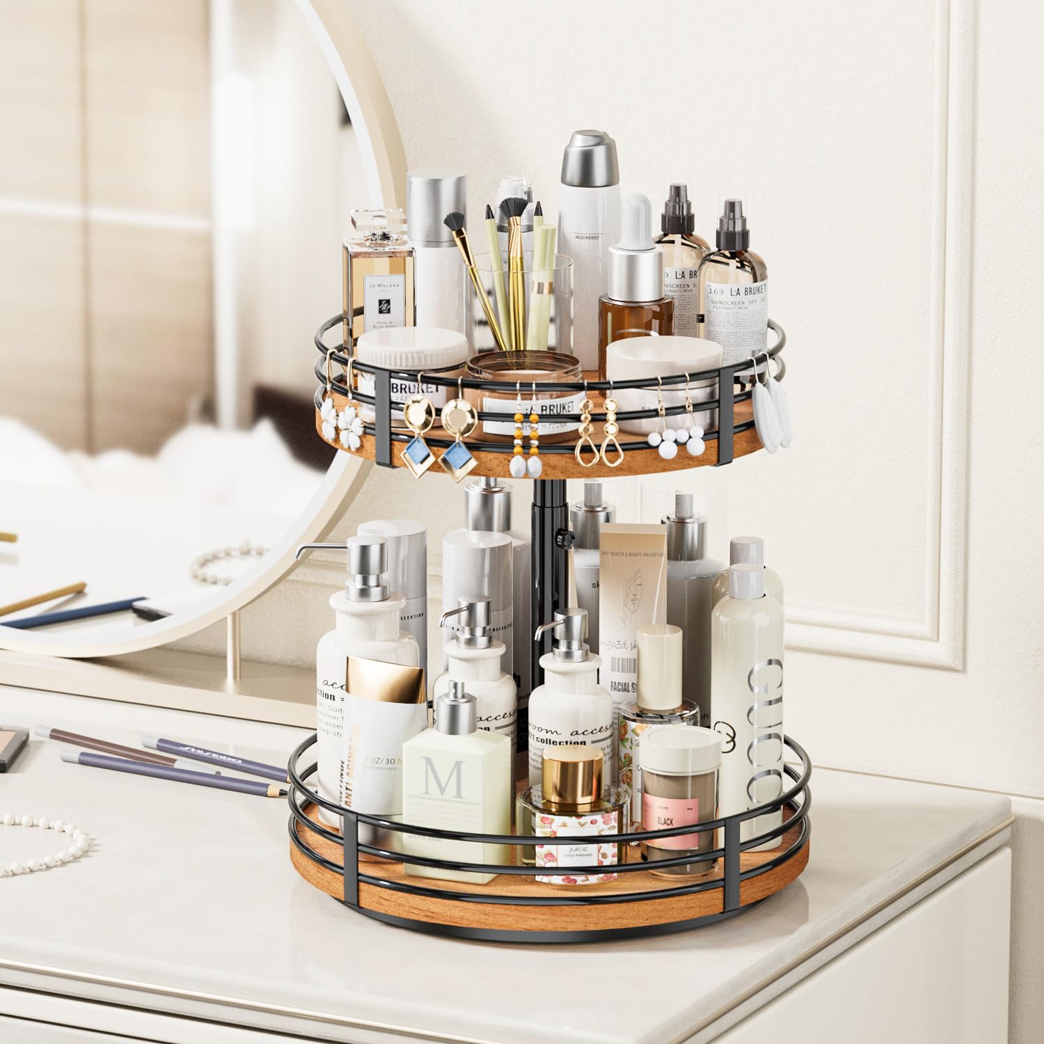 OVICAR 2-Tier Wooden Lazy Susan Turntable Organizer - 12 Inch Adjustable Rotating Spice Rack for Kitchen Countertop, Cabinet, Pantry, Coffee Bar & Bathroom Storage | Perfect for Organizing Spices, Makeup, or Office Supplies