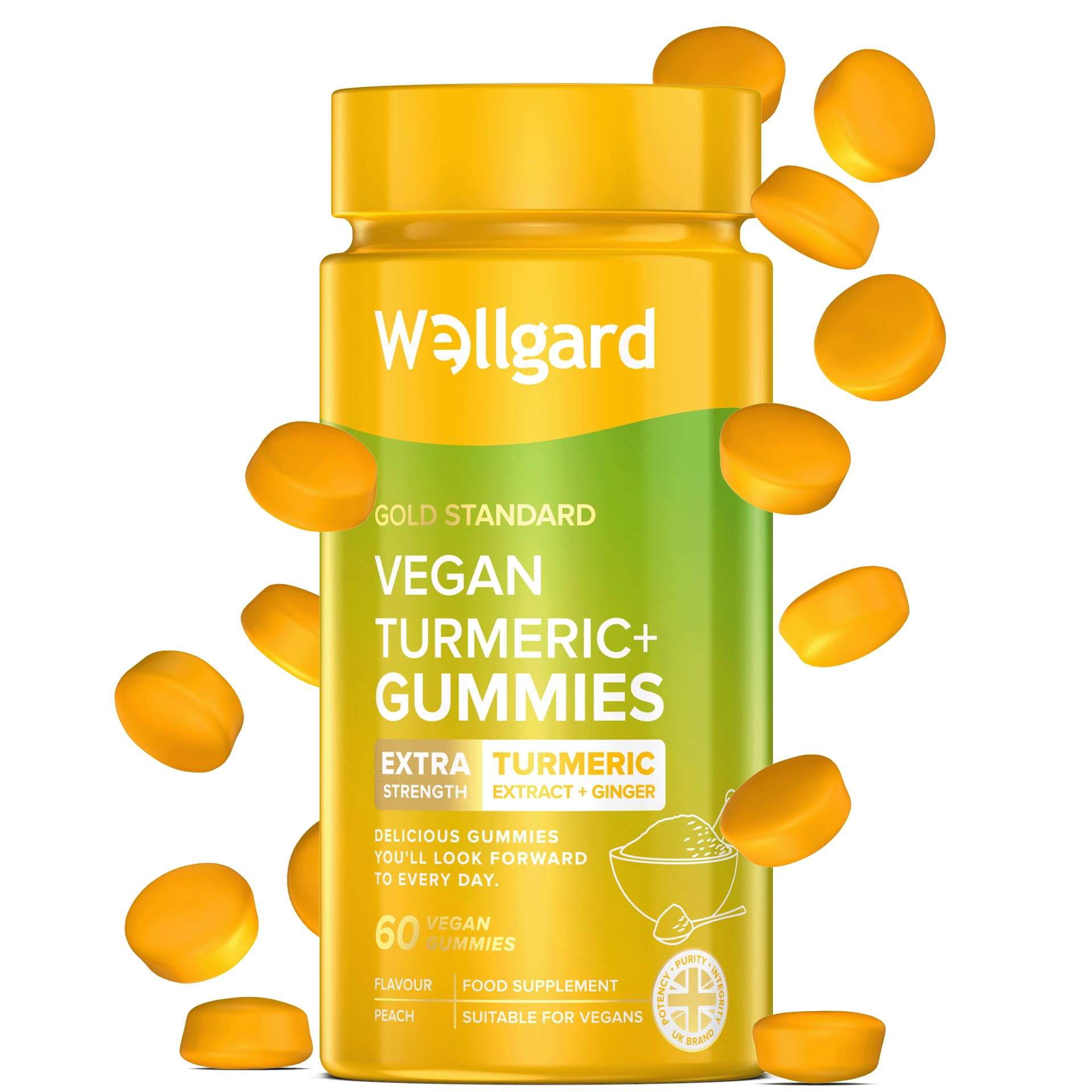 Wellgard Vegan High Strength Turmeric Gummies with Ginger – 1980MG Chewable Turmeric Curcumin Supplement, 60 Peach Flavor Gummies for Joint Support & Inflammation Relief – Perfect for Active Lifestyles & Daily Wellness