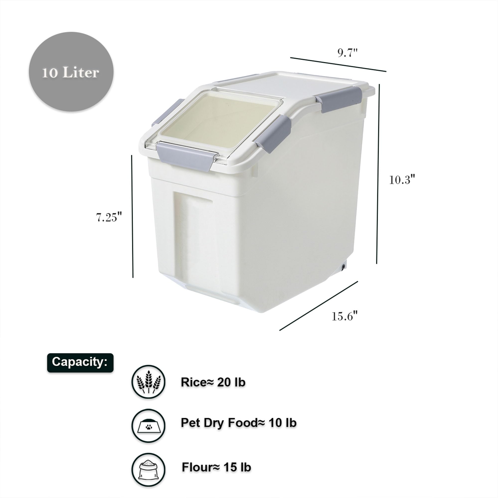 HANAMYA 10 Liter / 20 lbs Airtight Rice Storage Container with Measuring Cup - BPA Free Food Grade Plastic for Rice, Grains, Pet Food & Flour - 2 Pack White - Perfect for Kitchen Pantry & Bulk Food Storage