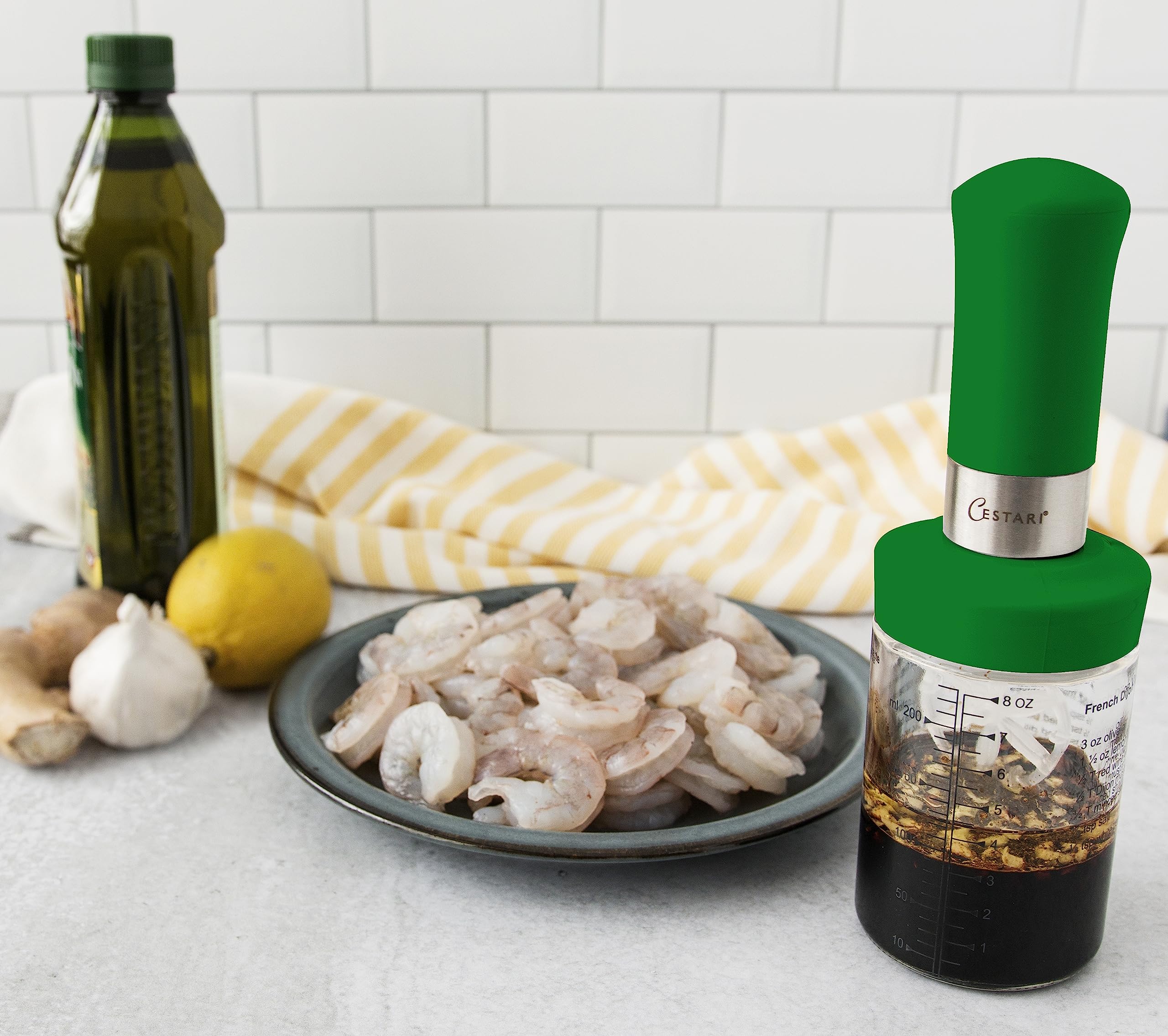 10 oz Green Glass Salad Dressing Shaker Bottle with Mixer Insert - Leak-Proof Kitchen Dispenser with Measurement Marks & Recipe Guide | Perfect for Vinaigrettes, Homemade Dressings & Cocktail Mixing