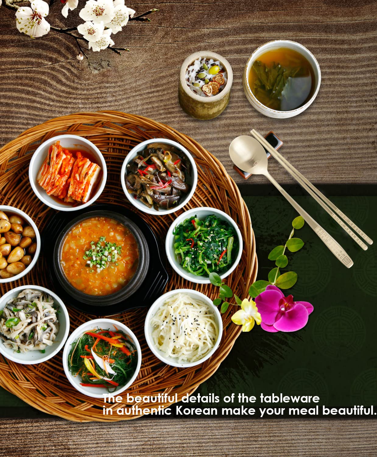 Premium Korean Metal Chopsticks and Spoon Set - Stainless Steel with Titanium Gold Plating & Hangul Characters - Perfect for Asian Dining, Gifts, and Home Decor