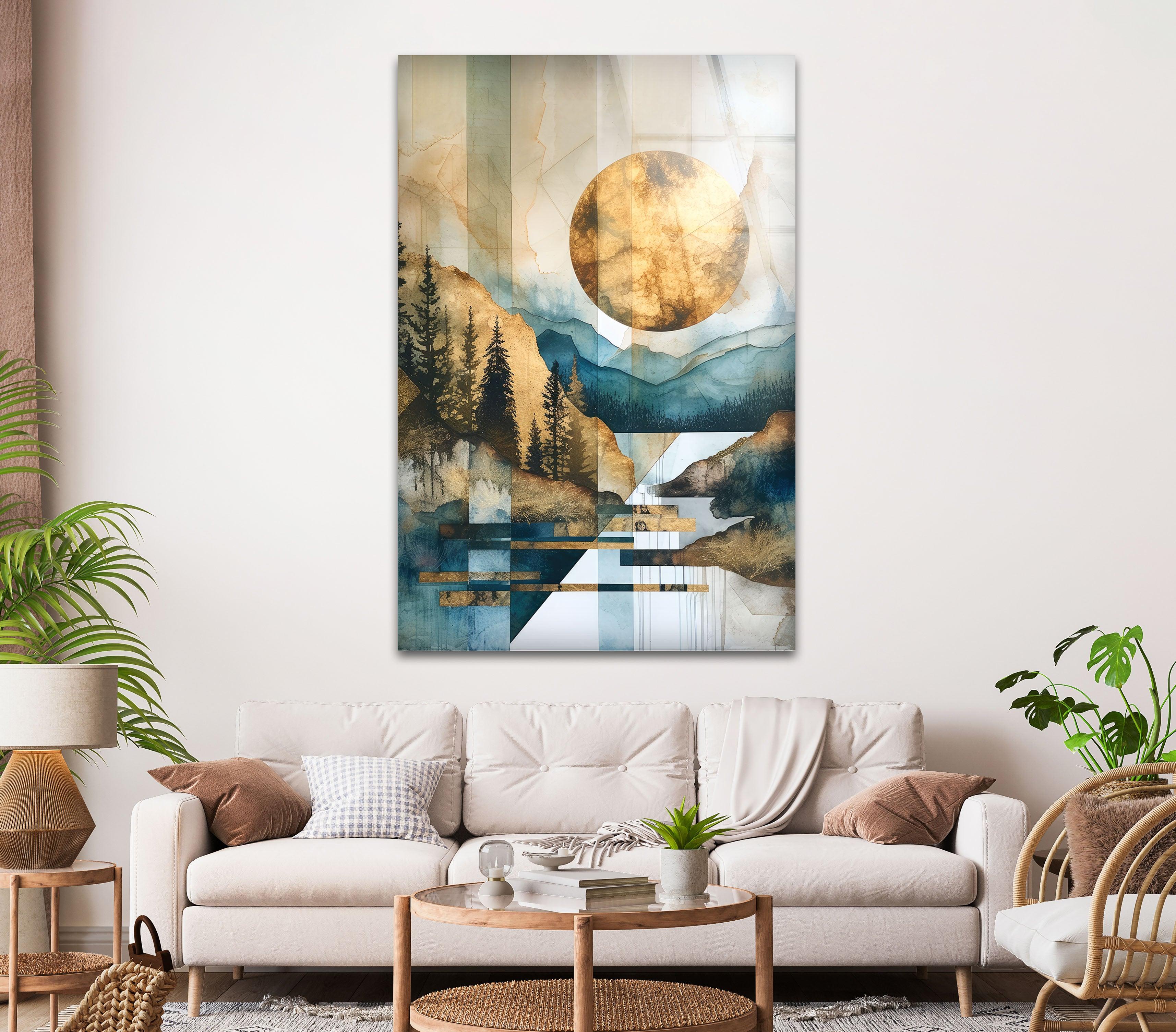 Abstract Golden Sun Glass Wall Art - Geometric Mountain & Nature Landscape Decor for Living Room, Bedroom, Office - Modern Home & Office Decoration