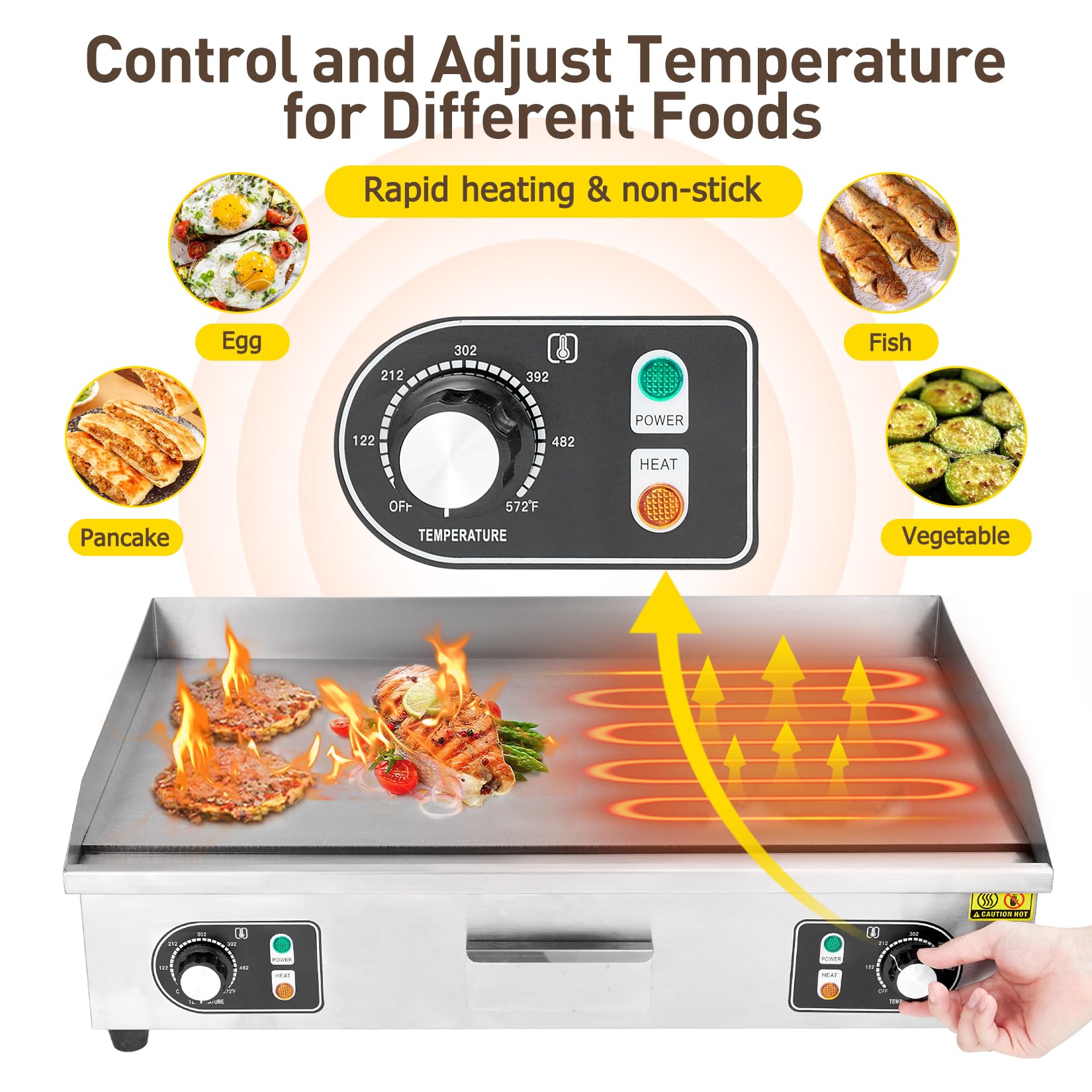 GARVEE 30 Inch Commercial Electric Grill 3000W Stainless Steel Griddle with Adjustable Temperature (122°F-572°F) - Non-Stick Surface for Home Kitchen & Restaurant Use - Perfect for Pancakes, Burgers, Steaks & Large Batch Cooking (No Plug Included)