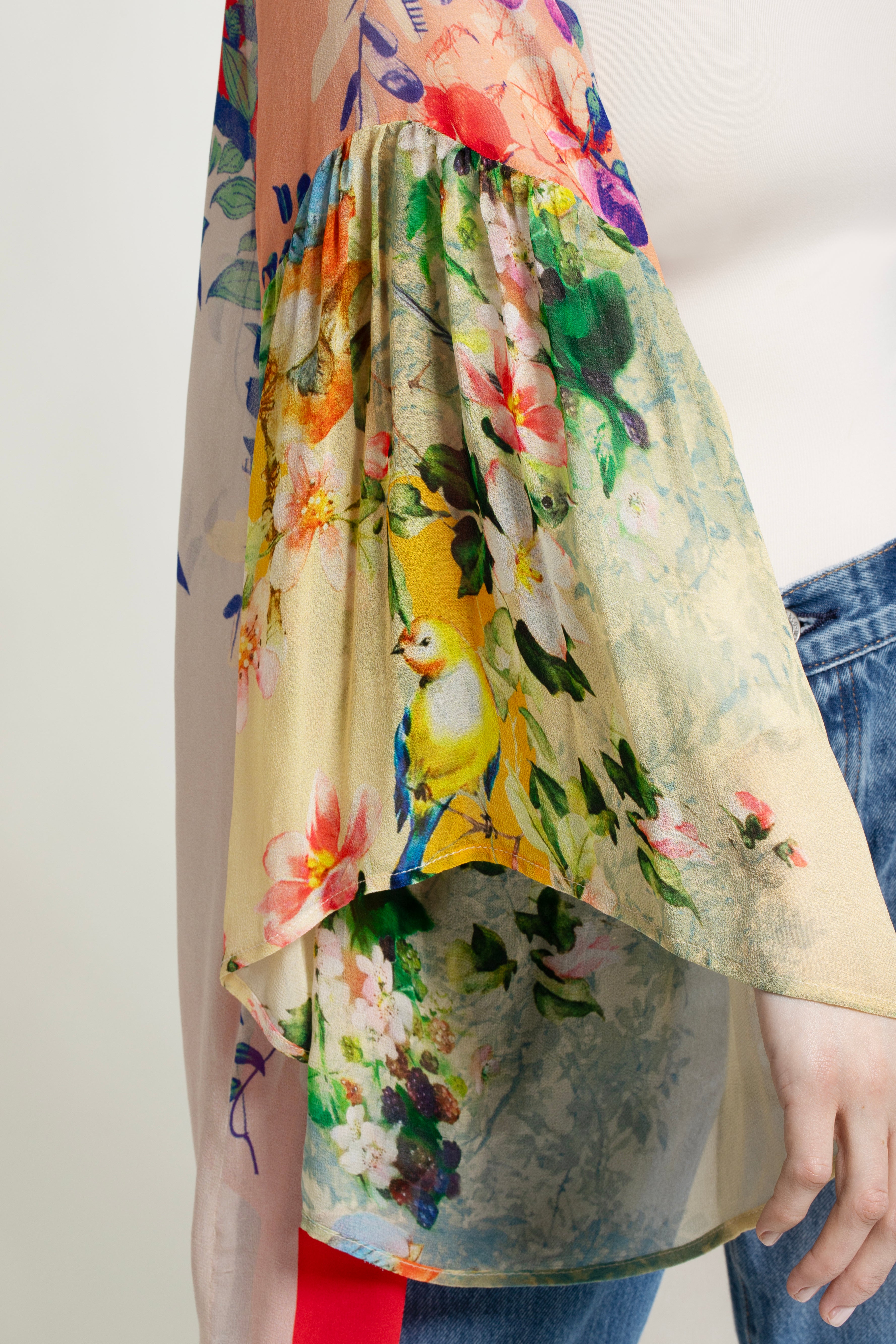 Mystical Garden Ruffle Sleeve Kimono - Floral Print Boho Cover Up for Women - Perfect for Beach, Pool, or Summer Outfits