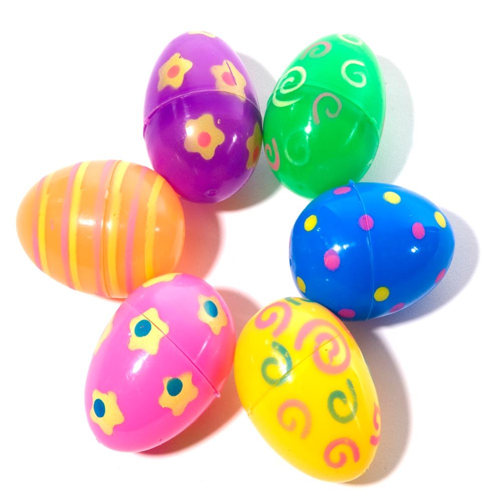 72-Pack Fun Express Bright Printed Plastic Easter Eggs for Easter Egg Hunt Party Supplies - Perfect for Kids' Easter Parties, Classroom Activities & Spring Celebrations