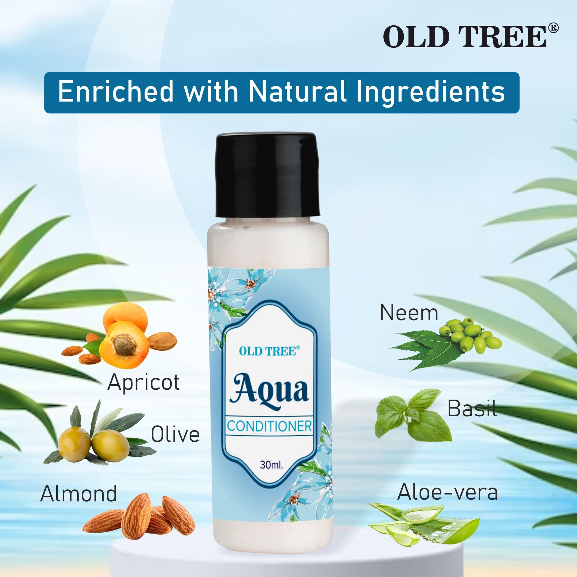 Old Tree Aqua Hair Conditioner Travel Kit - 30ml (Pack of 100) | Moisturizing & Frizz Control for Dry Hair | Perfect for Hotels, Guest Houses, Gyms & Travel Essentials | Salon-Quality Toiletries in Convenient Travel Size