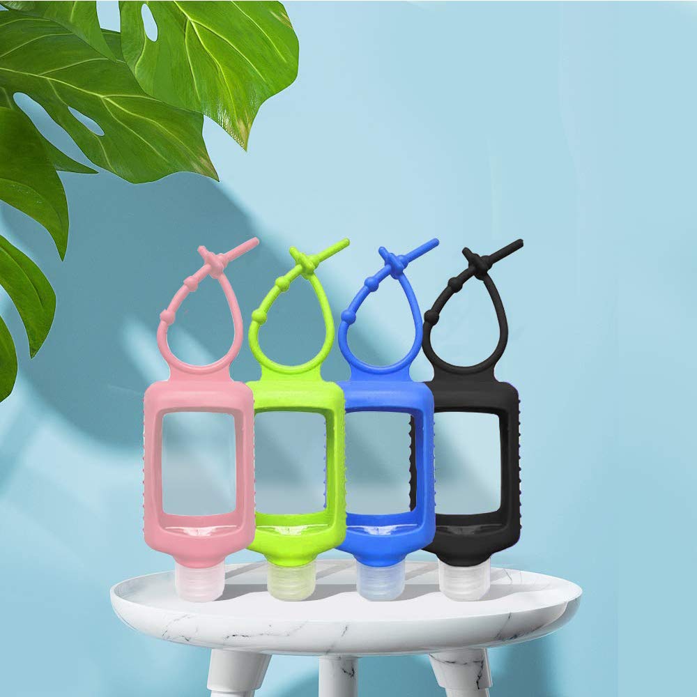 4 Pack 2oz Travel Size Clear Plastic Bottles with Silicone Sleeve - Refillable Leakproof Squeeze Containers with Flip Top Cap & Keychain - Perfect for Hand Sanitizer, Lotion, Shampoo - Ideal for Backpacking, Camping, Gym, and Air Travel (60ml/2oz)